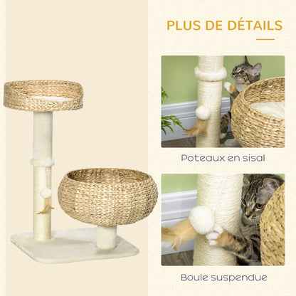 Cat Scratching Tree 2-Level Height 72 cm Sisal Post with Hideaway and Platform 1 Suspended Ball Beige