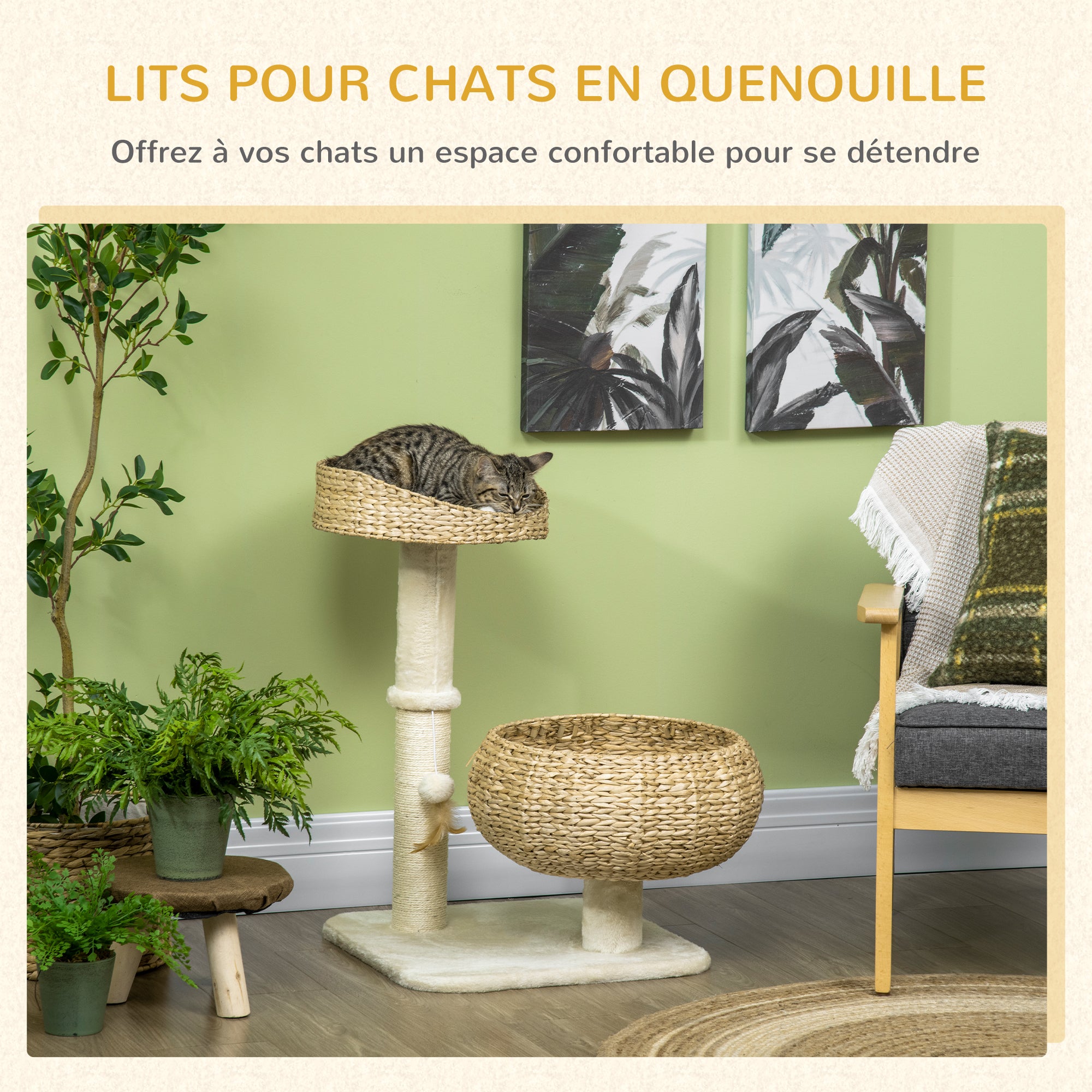 Cat Scratching Tree 2-Level Height 72 cm Sisal Post with Hideaway and Platform 1 Suspended Ball Beige
