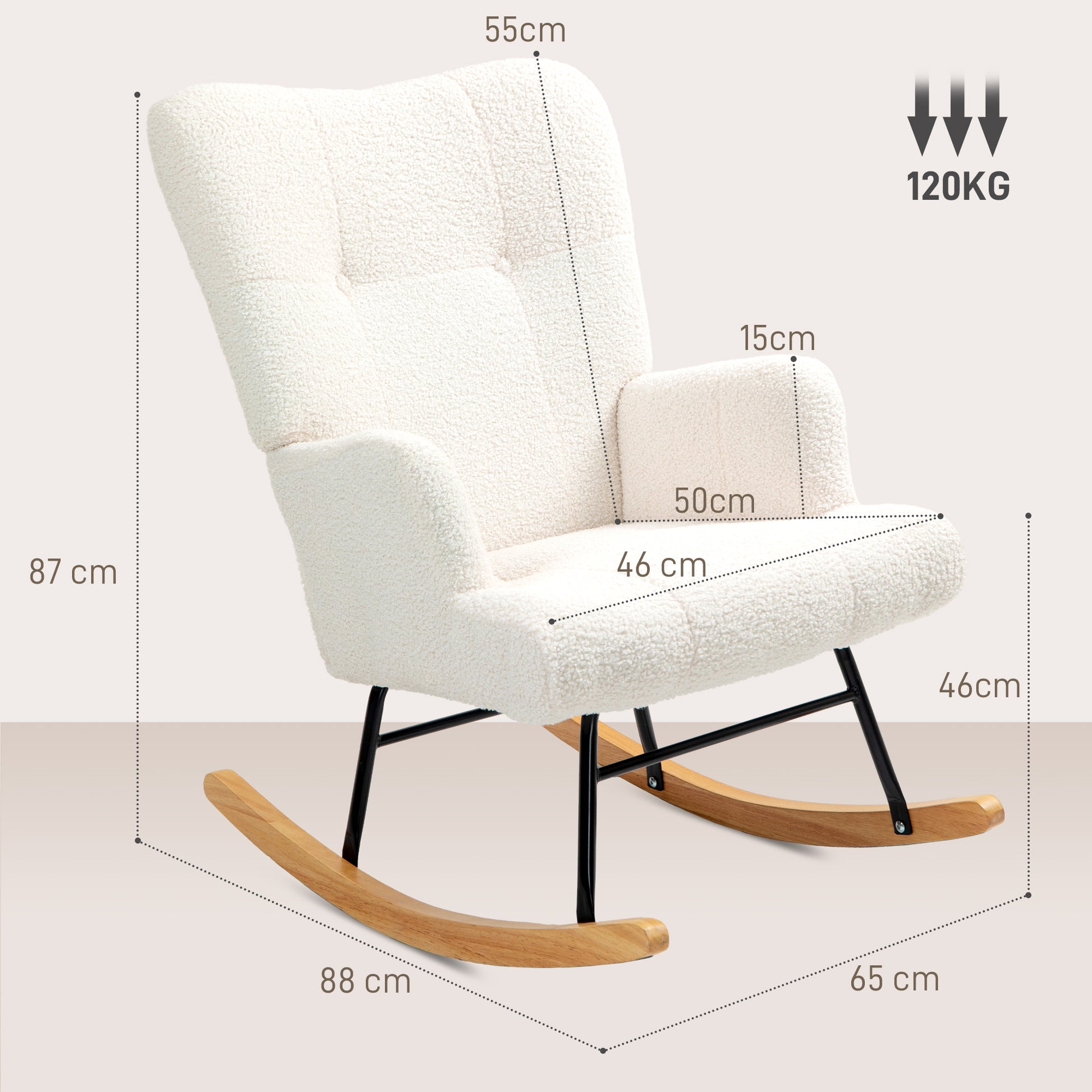 Sheepskin Rocking Chair for Nursing with Tufted Back and Rubber Wood Base 120 kg Load Relax Chair for Living Room Bedroom Cream