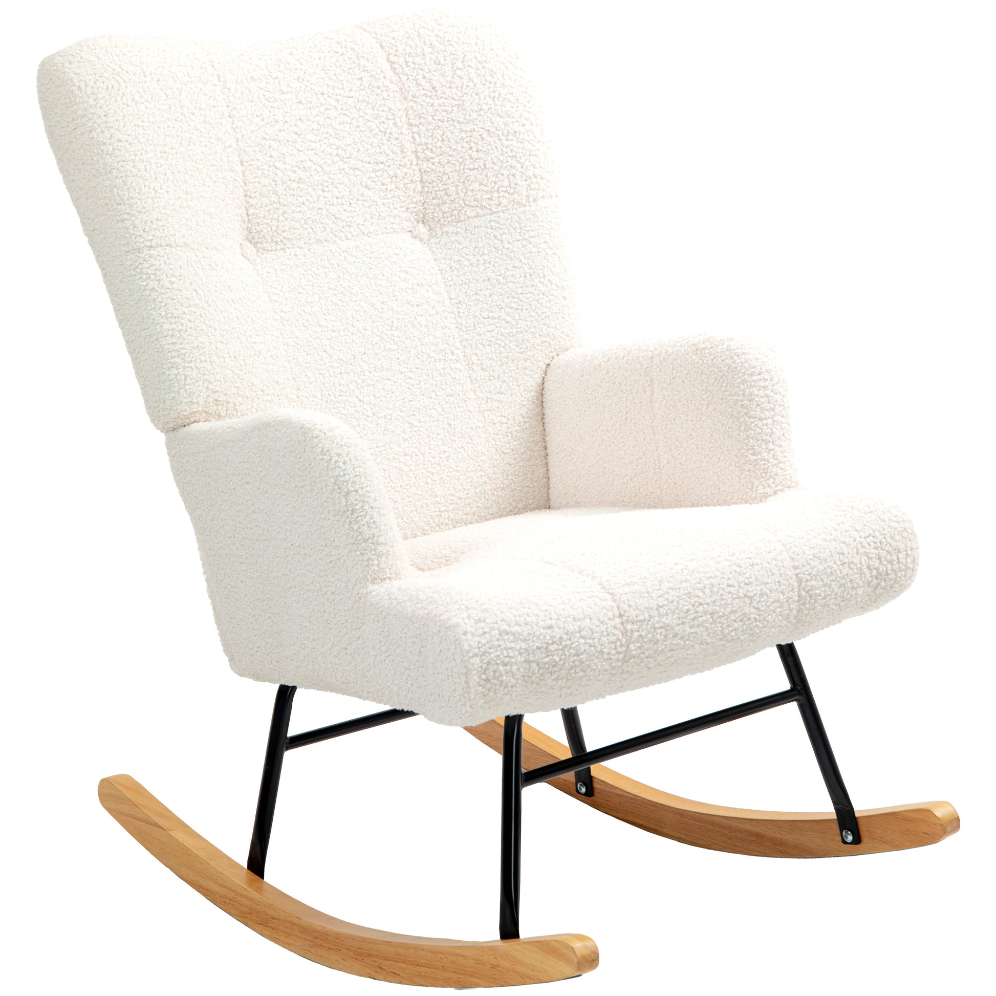 Sheepskin Rocking Chair for Nursing with Tufted Back and Rubber Wood Base 120 kg Load Relax Chair for Living Room Bedroom Cream
