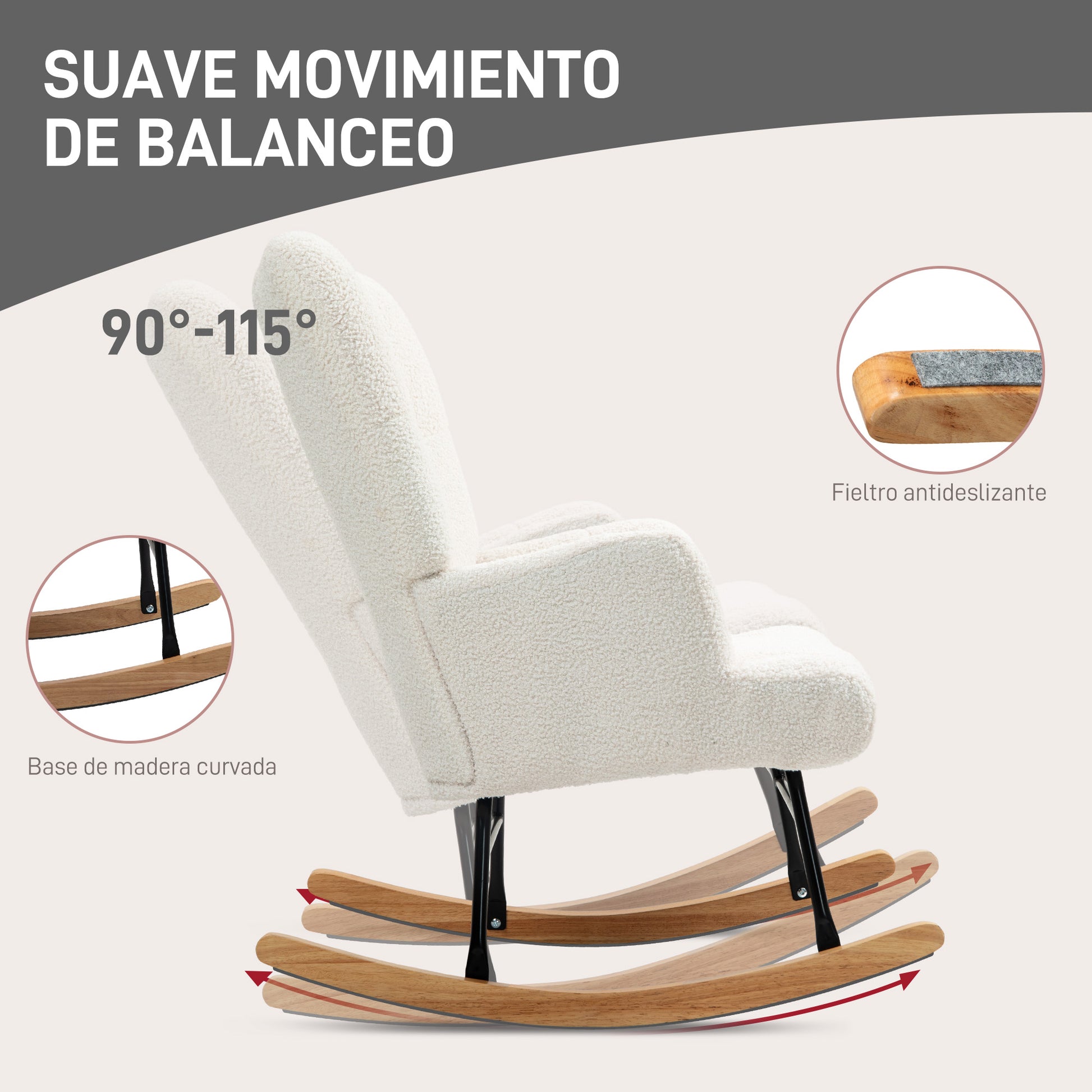 Sheepskin Rocking Chair for Nursing with Tufted Back and Rubber Wood Base 120 kg Load Relax Chair for Living Room Bedroom Cream