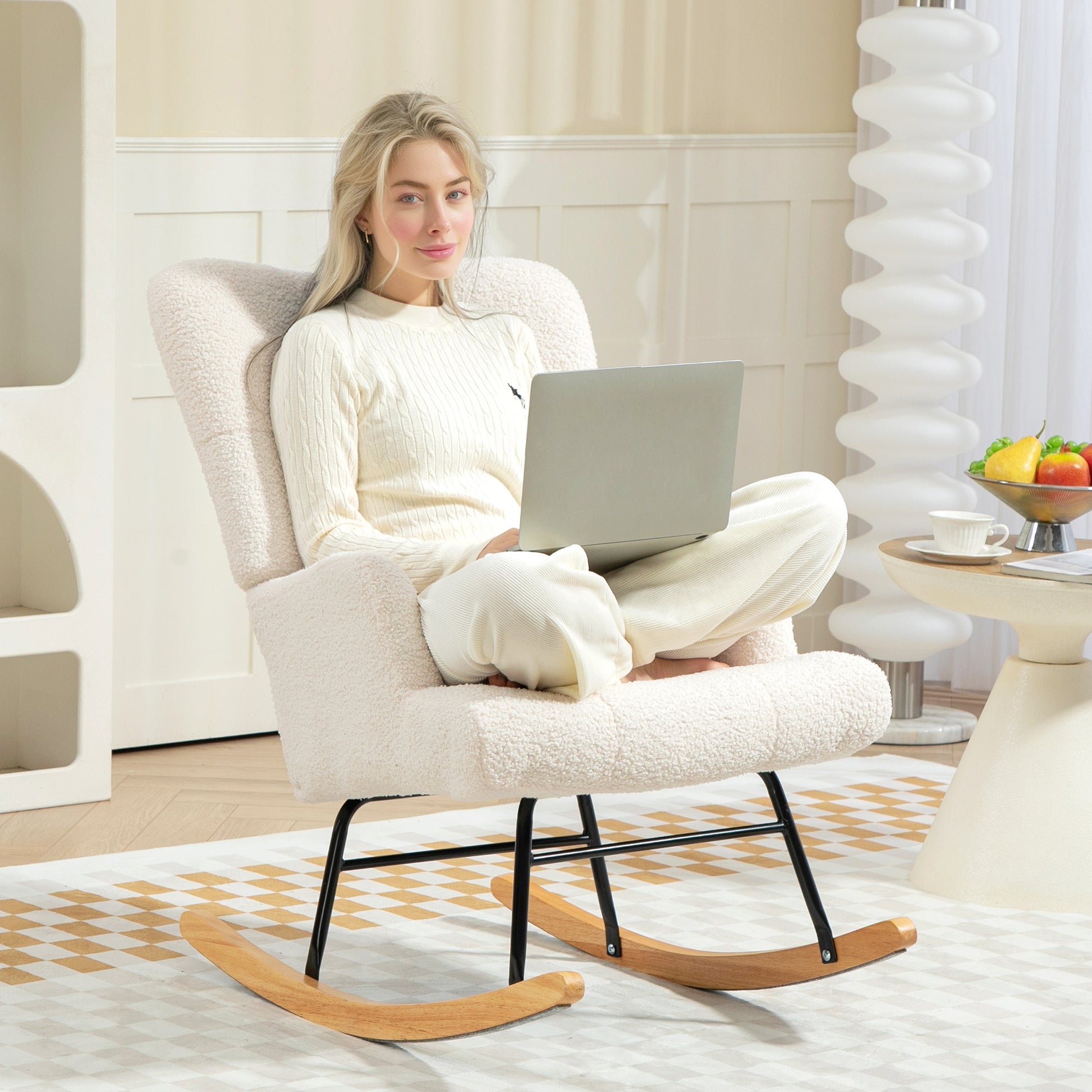 Sheepskin Rocking Chair for Nursing with Tufted Back and Rubber Wood Base 120 kg Load Relax Chair for Living Room Bedroom Cream