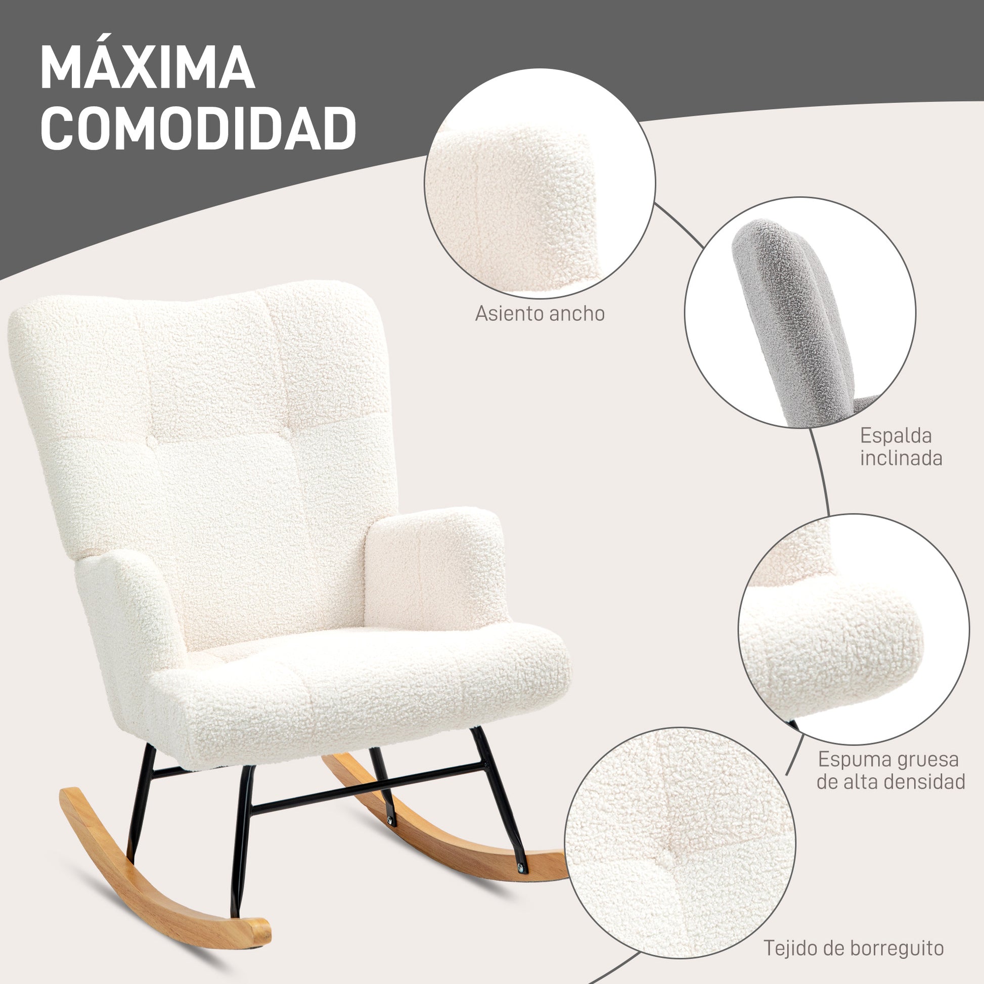 Sheepskin Rocking Chair for Nursing with Tufted Back and Rubber Wood Base 120 kg Load Relax Chair for Living Room Bedroom Cream