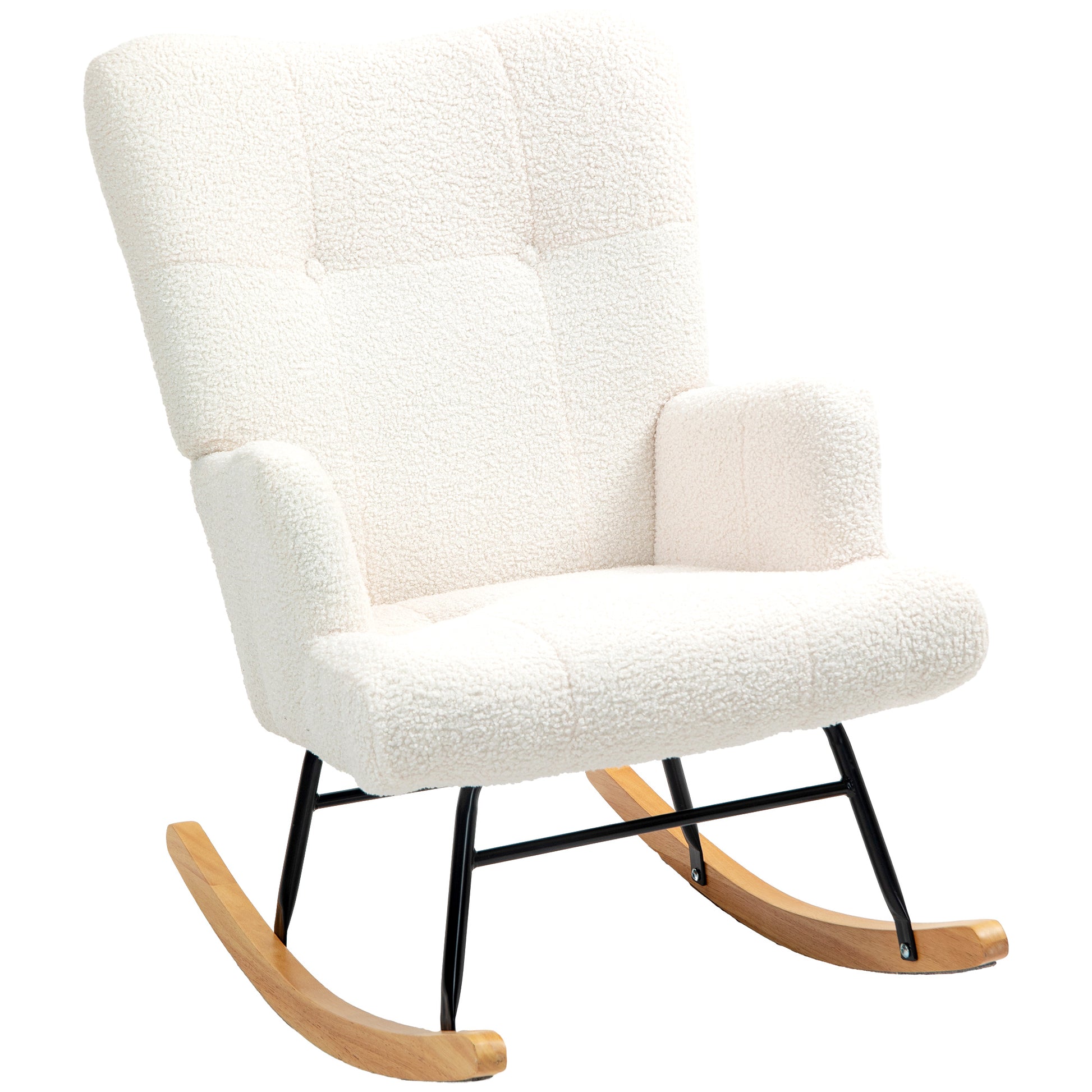 Sheepskin Rocking Chair for Nursing with Tufted Back and Rubber Wood Base 120 kg Load Relax Chair for Living Room Bedroom Cream