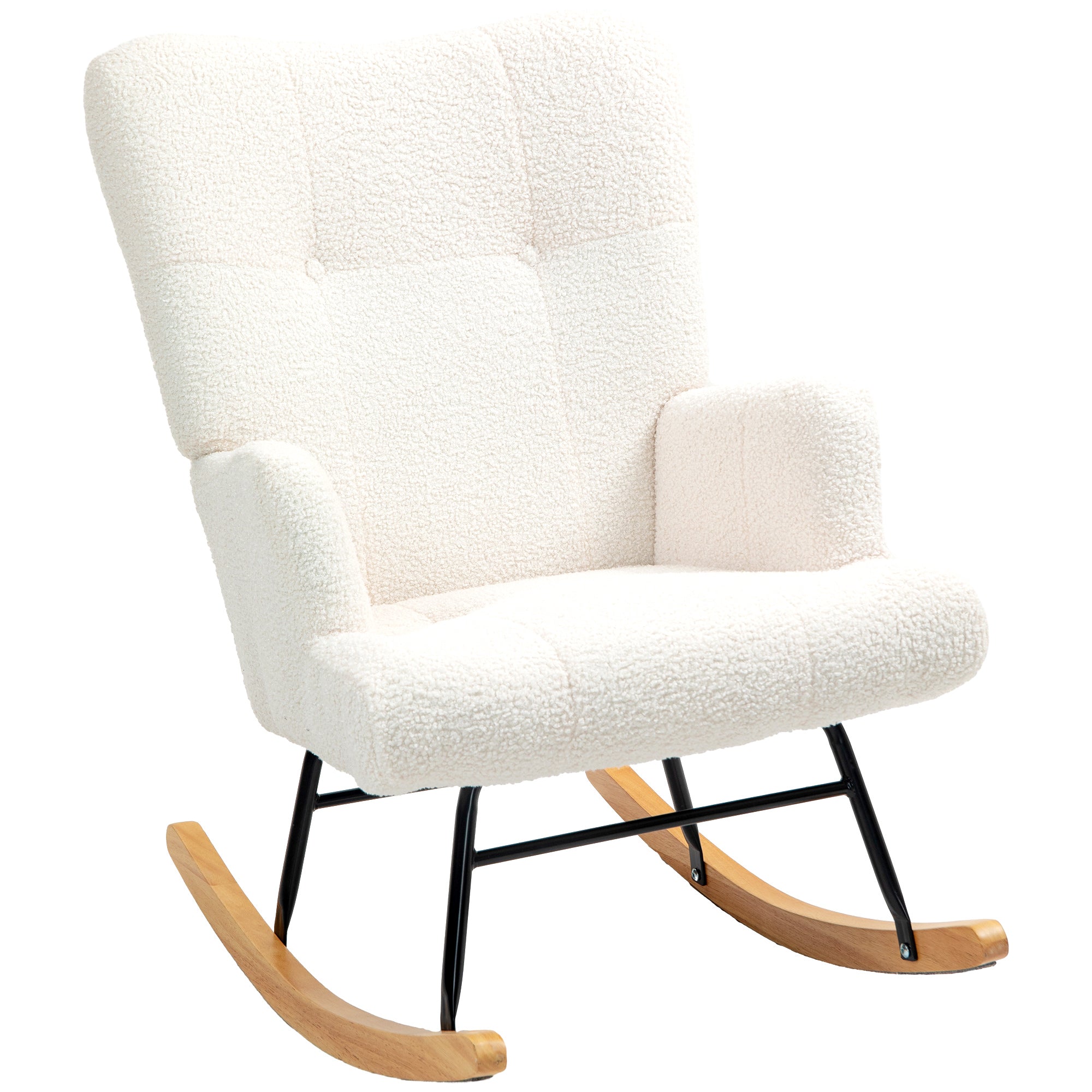 Sheepskin Rocking Chair for Nursing with Tufted Back and Rubber Wood Base 120 kg Load Relax Chair for Living Room Bedroom Cream