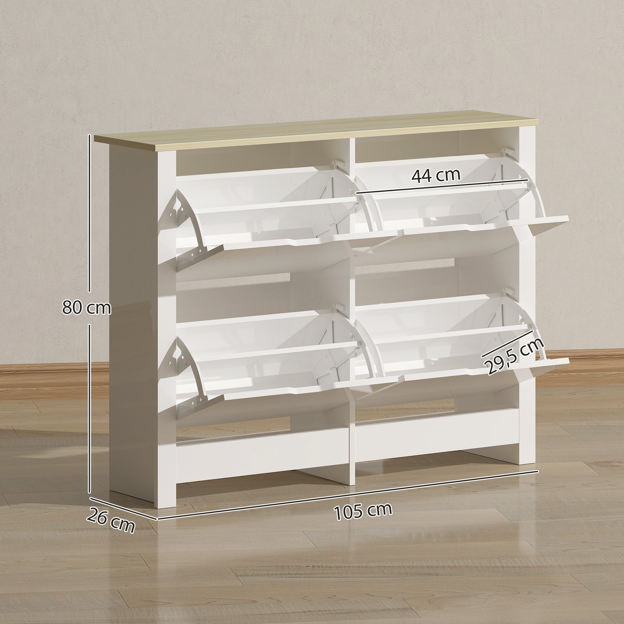 Slim Shoe Cabinet with 4 Flip Doors – Space-Saving Shoe Rack for Up to 16 Pairs, 105 x 26 x 80 cm (White/Natural)
