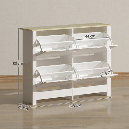 Slim Shoe Cabinet with 4 Flip Doors – Space-Saving Shoe Rack for Up to 16 Pairs, 105 x 26 x 80 cm (White/Natural)