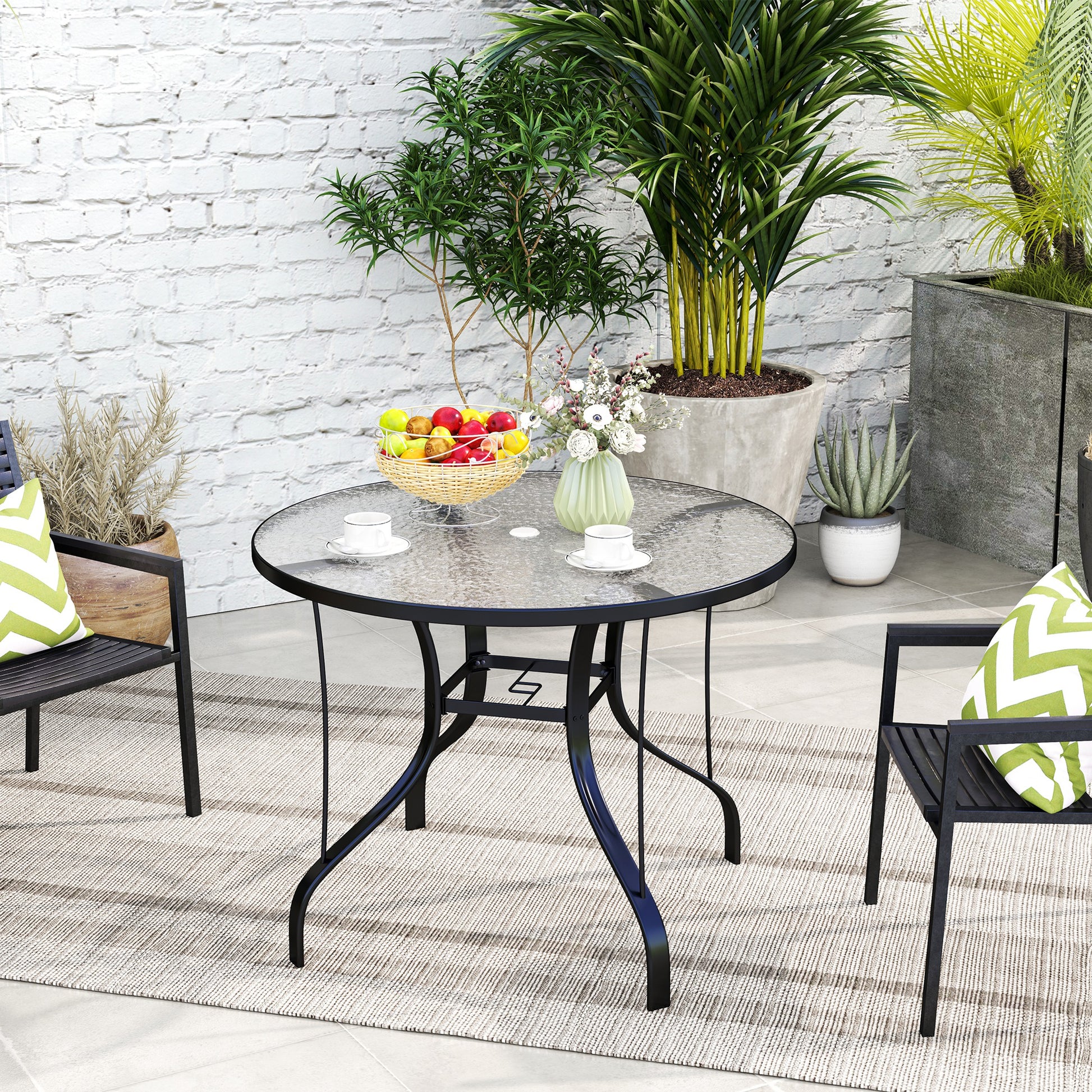 Outdoor Garden Table with Umbrella Hole Dining Table with Glass Top and Metal Structure for Patio Terrace 96.5x71 cm Black
