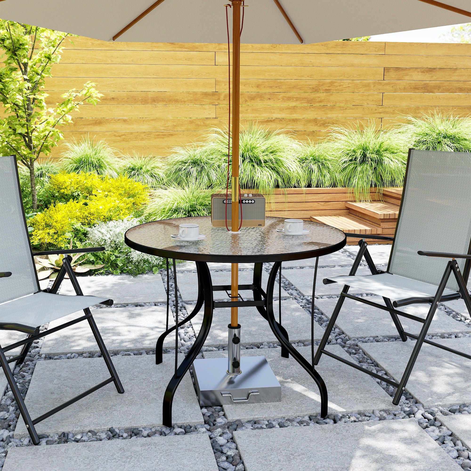 Outdoor Garden Table with Umbrella Hole Dining Table with Glass Top and Metal Structure for Patio Terrace 96.5x71 cm Black
