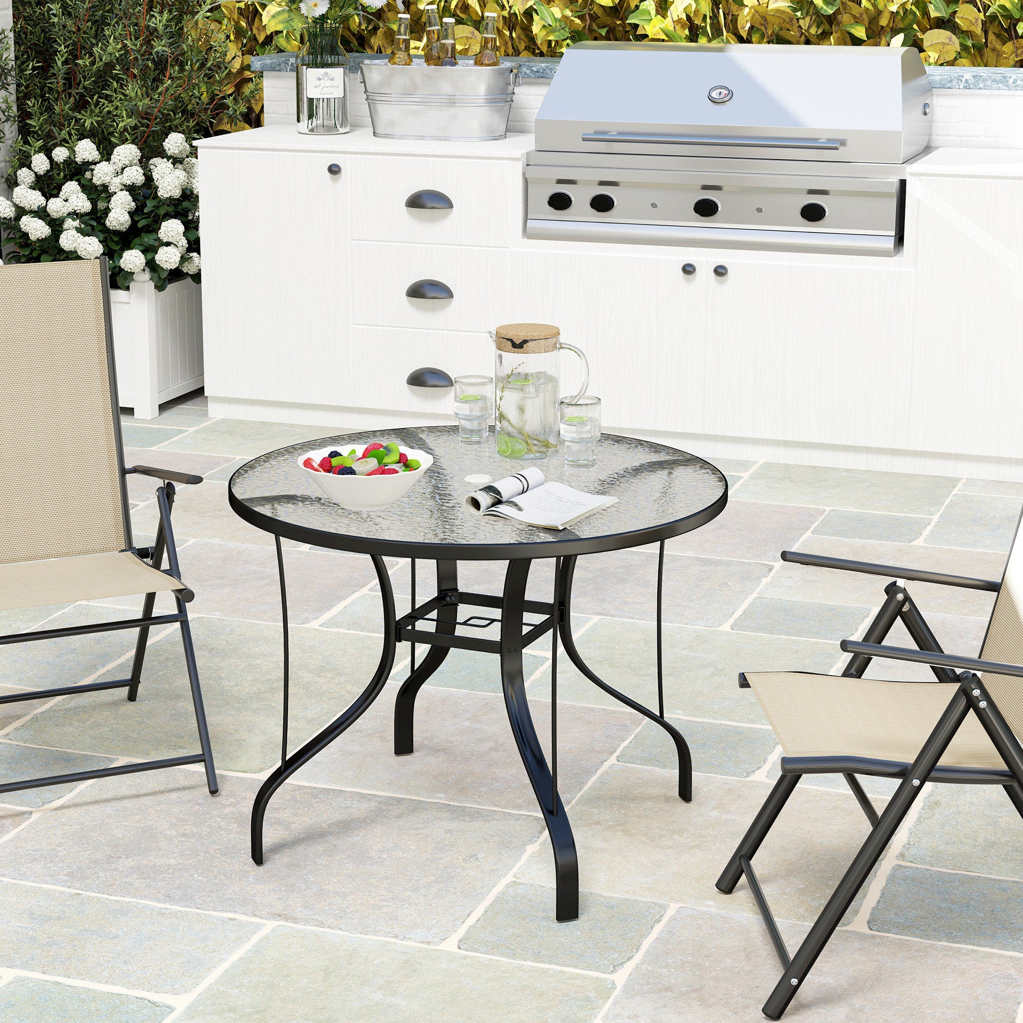 Outdoor Garden Table with Umbrella Hole Dining Table with Glass Top and Metal Structure for Patio Terrace 96.5x71 cm Black