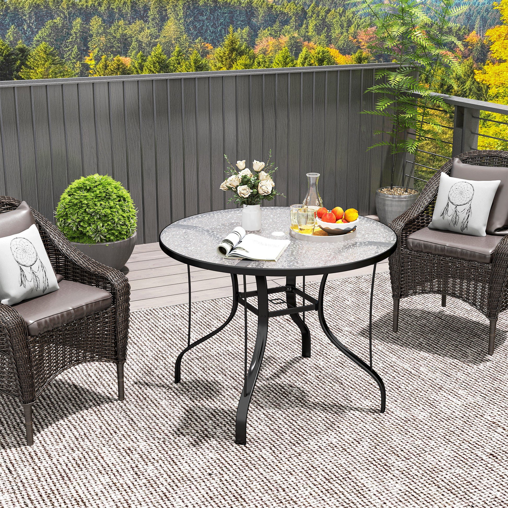 Outdoor Garden Table with Umbrella Hole Dining Table with Glass Top and Metal Structure for Patio Terrace 96.5x71 cm Black