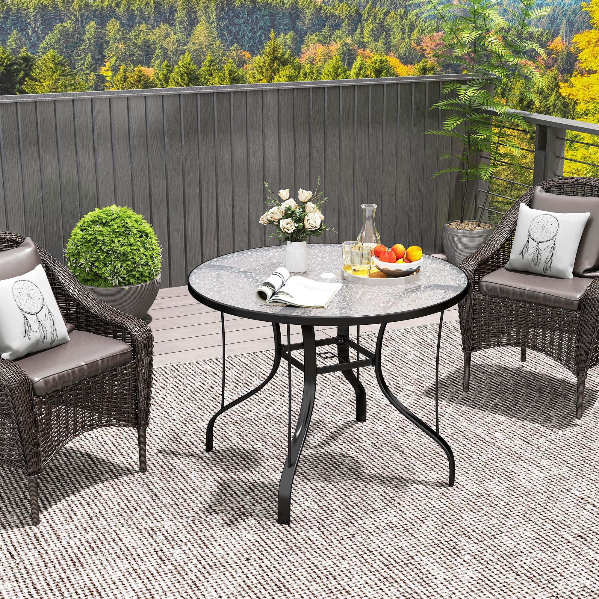 Outdoor Garden Table with Umbrella Hole Dining Table with Glass Top and Metal Structure for Patio Terrace 96.5x71 cm Black