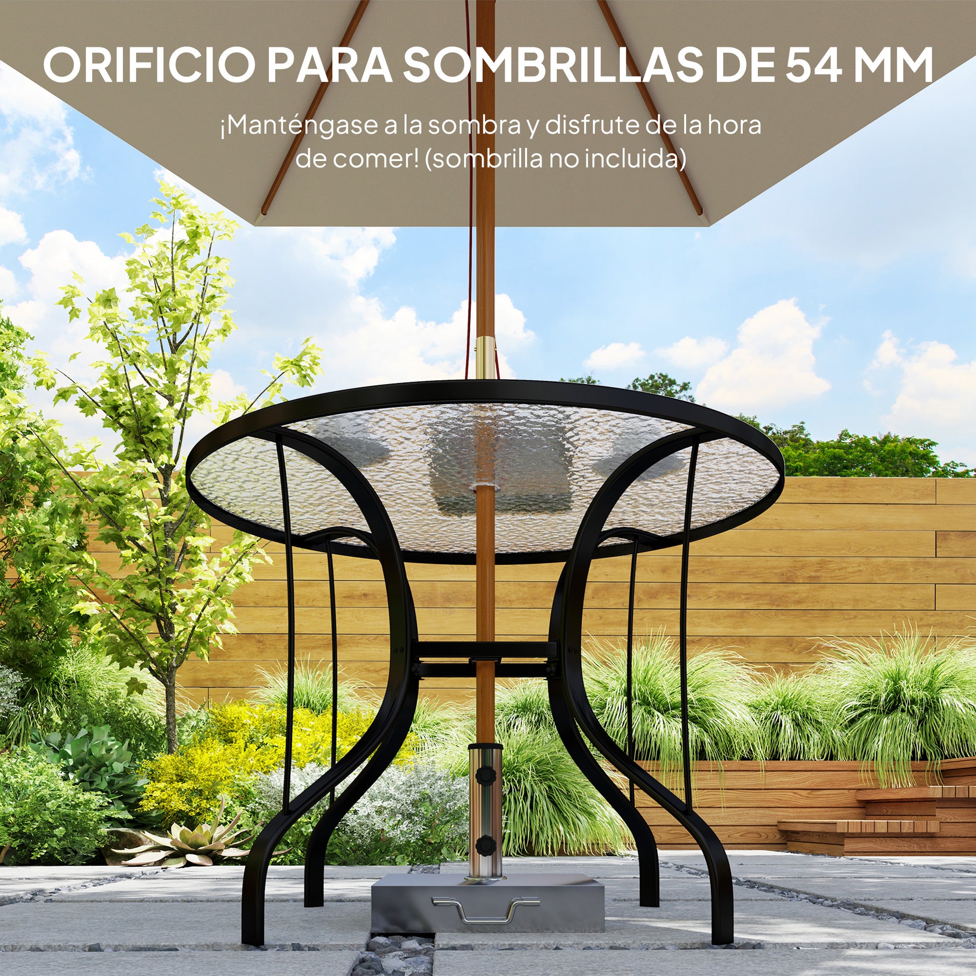 Outdoor Garden Table with Umbrella Hole Dining Table with Glass Top and Metal Structure for Patio Terrace 96.5x71 cm Black