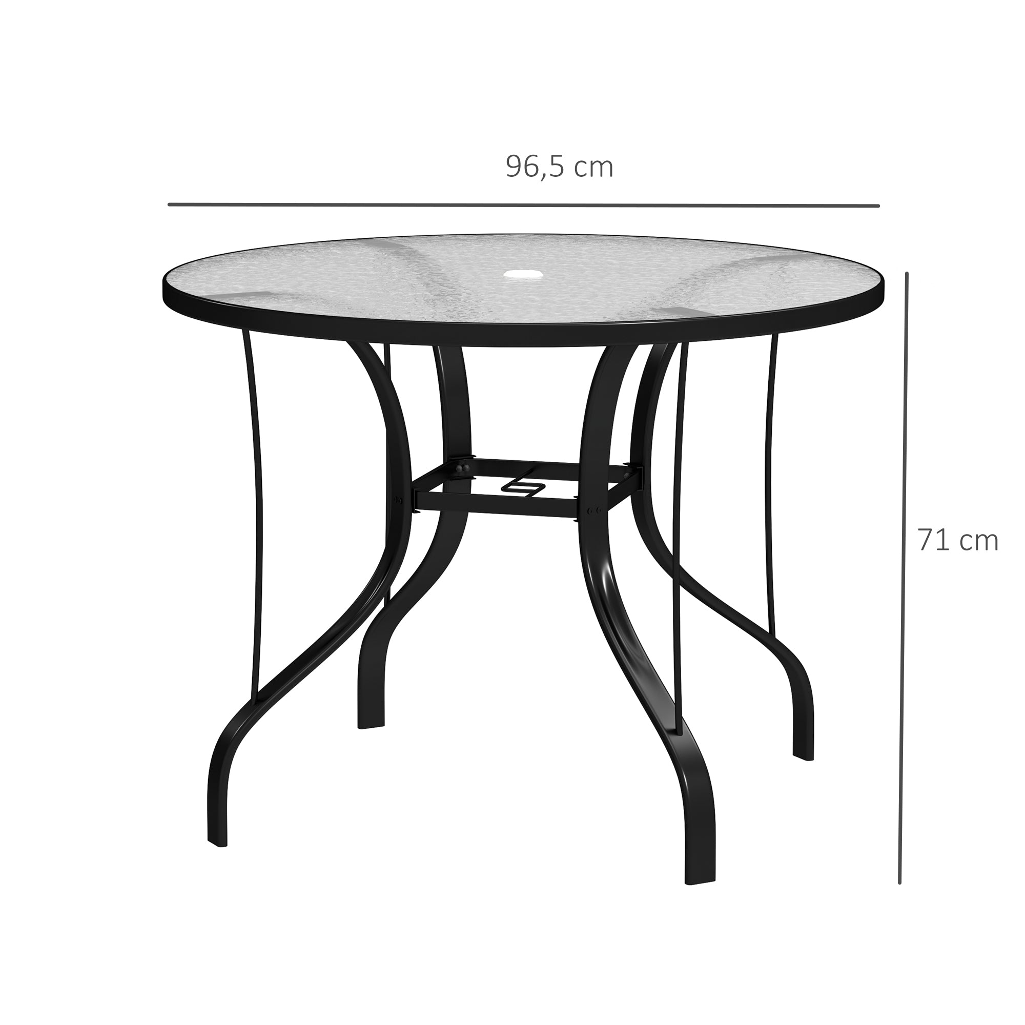 Outdoor Garden Table with Umbrella Hole Dining Table with Glass Top and Metal Structure for Patio Terrace 96.5x71 cm Black