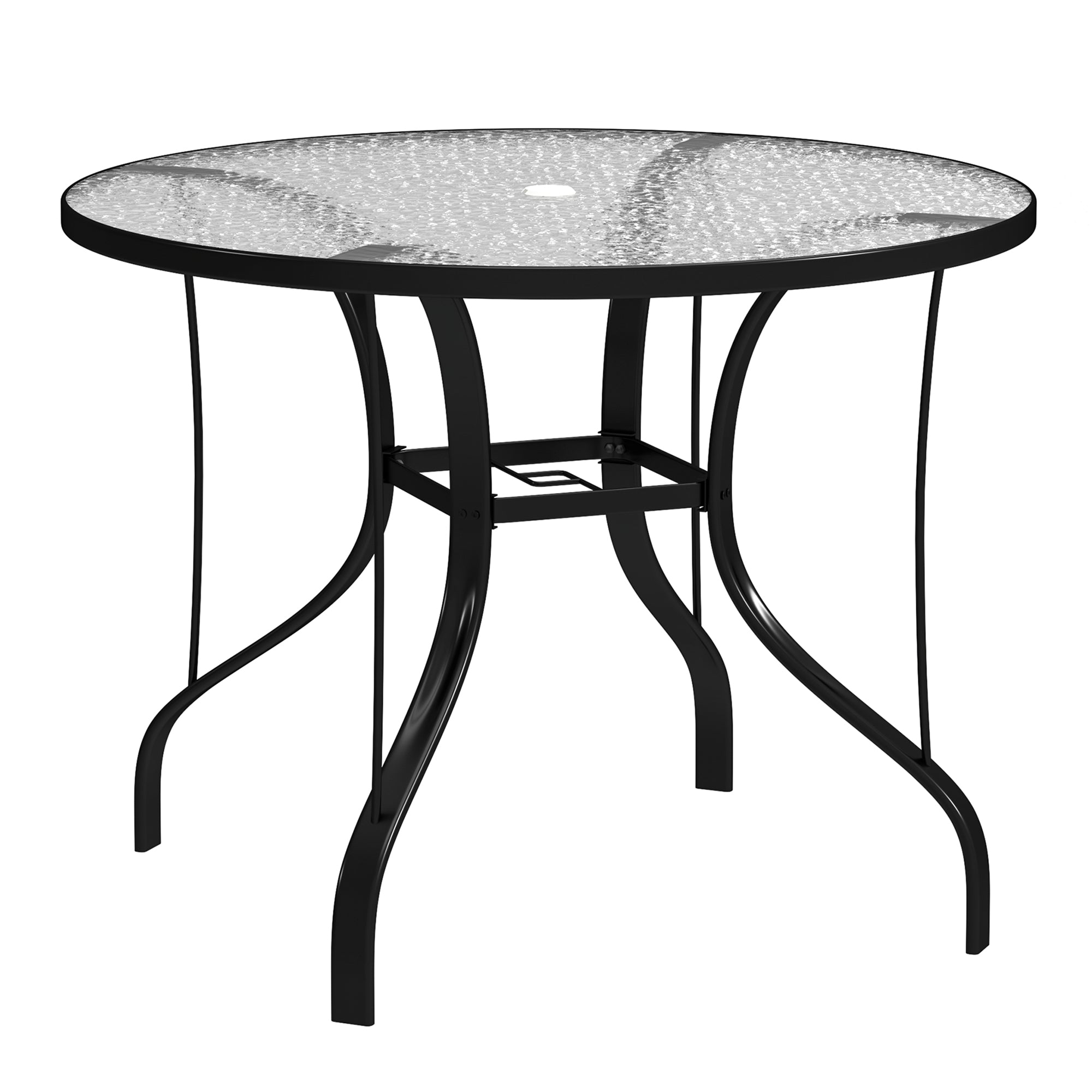Outdoor Garden Table with Umbrella Hole Dining Table with Glass Top and Metal Structure for Patio Terrace 96.5x71 cm Black