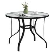 Outdoor Garden Table with Umbrella Hole Dining Table with Glass Top and Metal Structure for Patio Terrace 96.5x71 cm Black