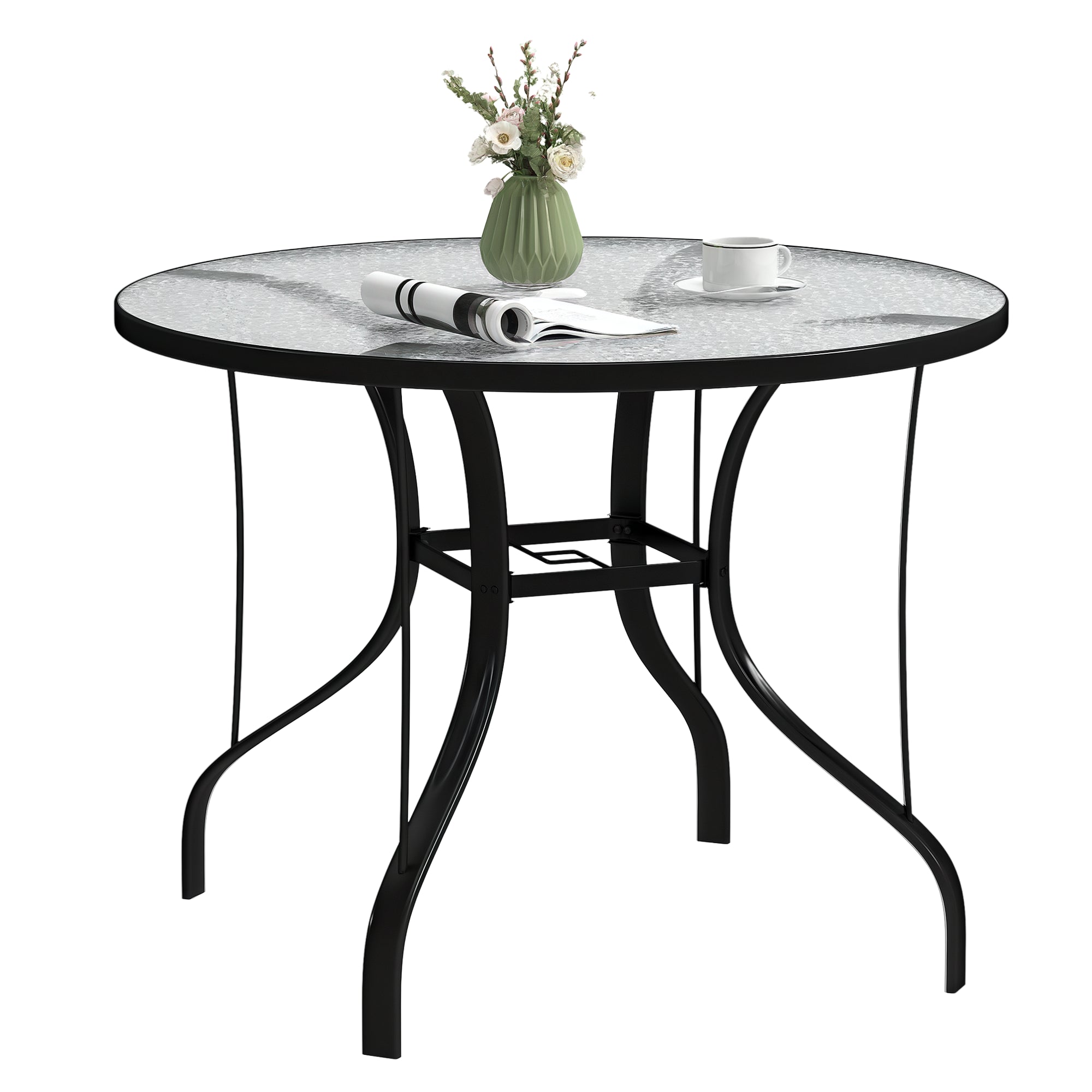 Outdoor Garden Table with Umbrella Hole Dining Table with Glass Top and Metal Structure for Patio Terrace 96.5x71 cm Black