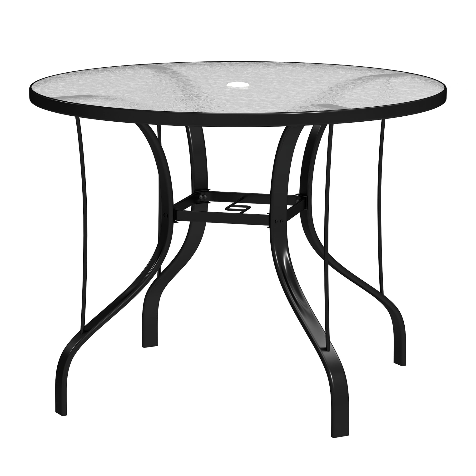 Outdoor Garden Table with Umbrella Hole Dining Table with Glass Top and Metal Structure for Patio Terrace 96.5x71 cm Black