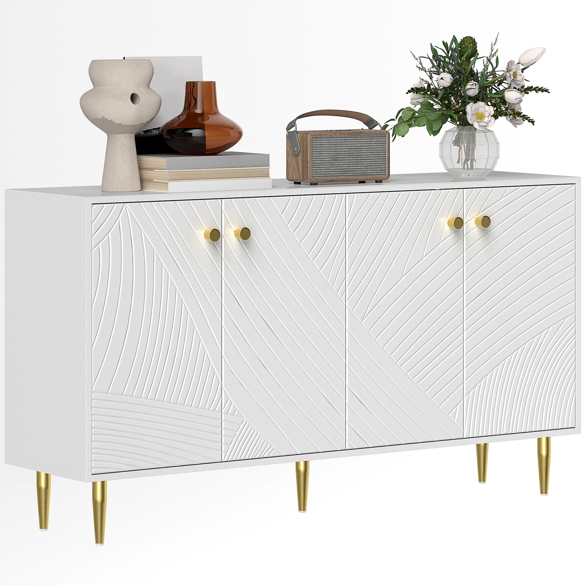 White Buffet Cabinet with Adjustable Shelves, Sculpted Doors, Modern Buffet for Living Room, Kitchen, Dining Room, 140 x 35 x 77.5 cm