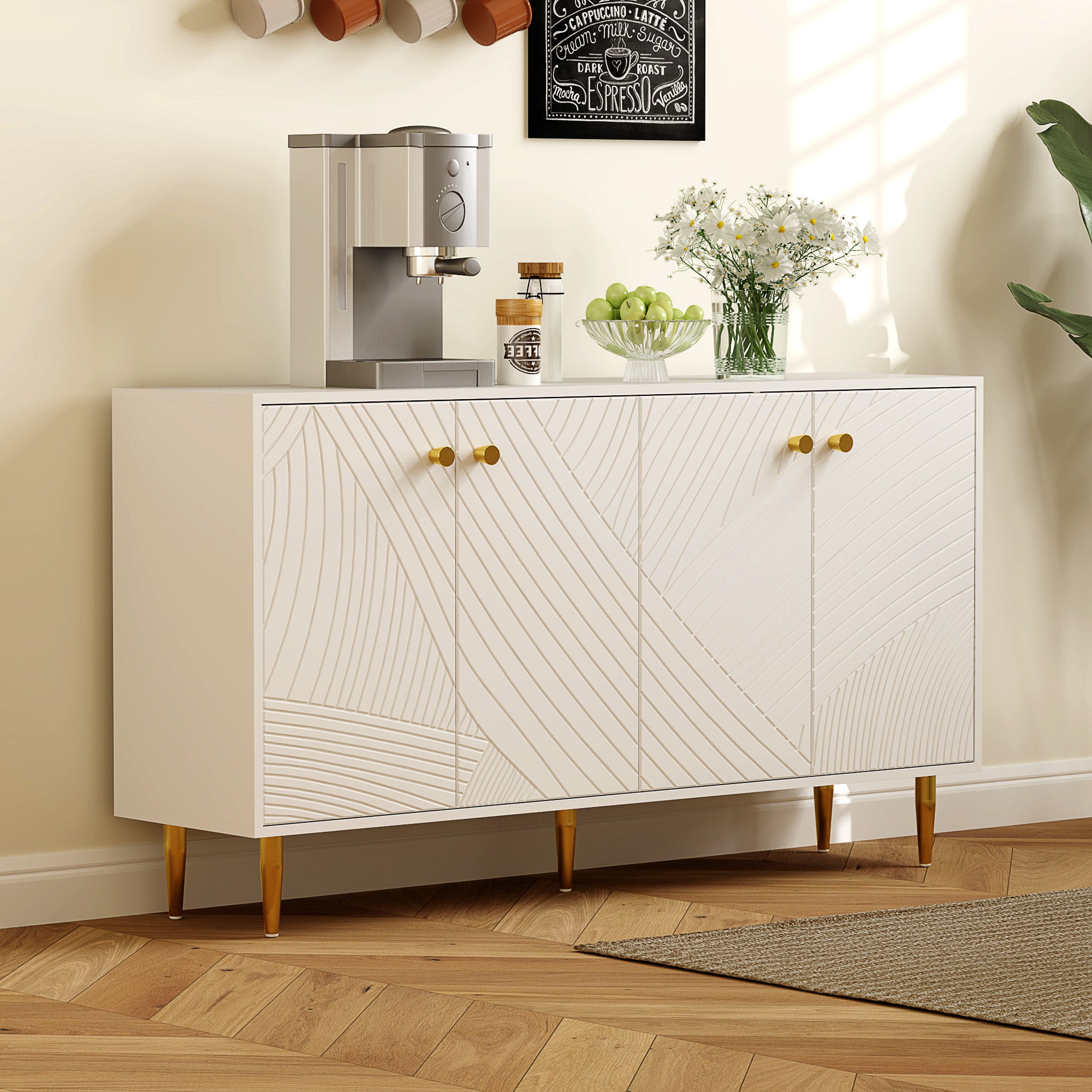 White Buffet Cabinet with Adjustable Shelves, Sculpted Doors, Modern Buffet for Living Room, Kitchen, Dining Room, 140 x 35 x 77.5 cm