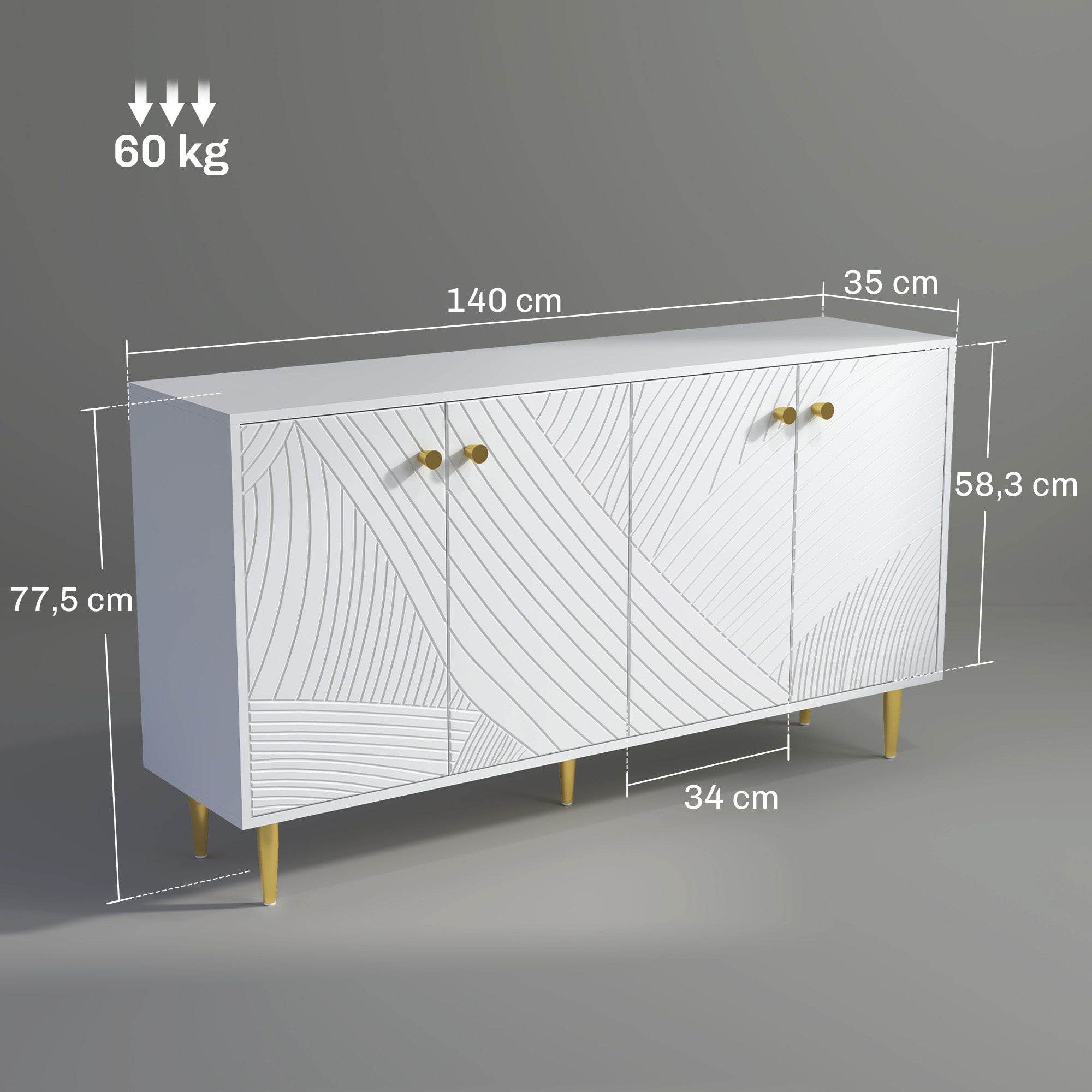 White Buffet Cabinet with Adjustable Shelves, Sculpted Doors, Modern Buffet for Living Room, Kitchen, Dining Room, 140 x 35 x 77.5 cm
