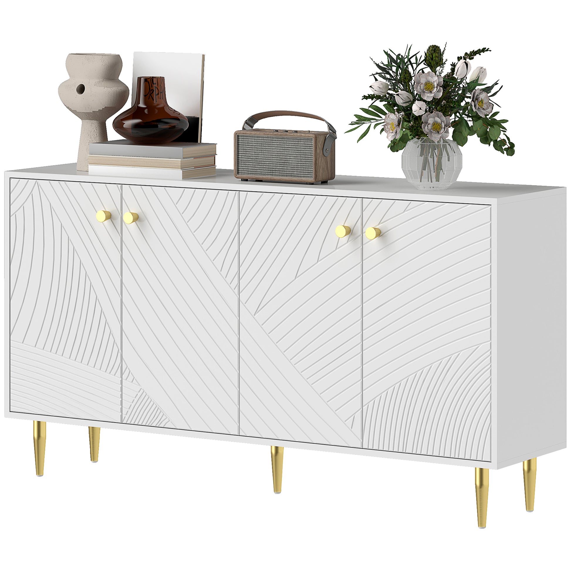 White Buffet Cabinet with Adjustable Shelves, Sculpted Doors, Modern Buffet for Living Room, Kitchen, Dining Room, 140 x 35 x 77.5 cm