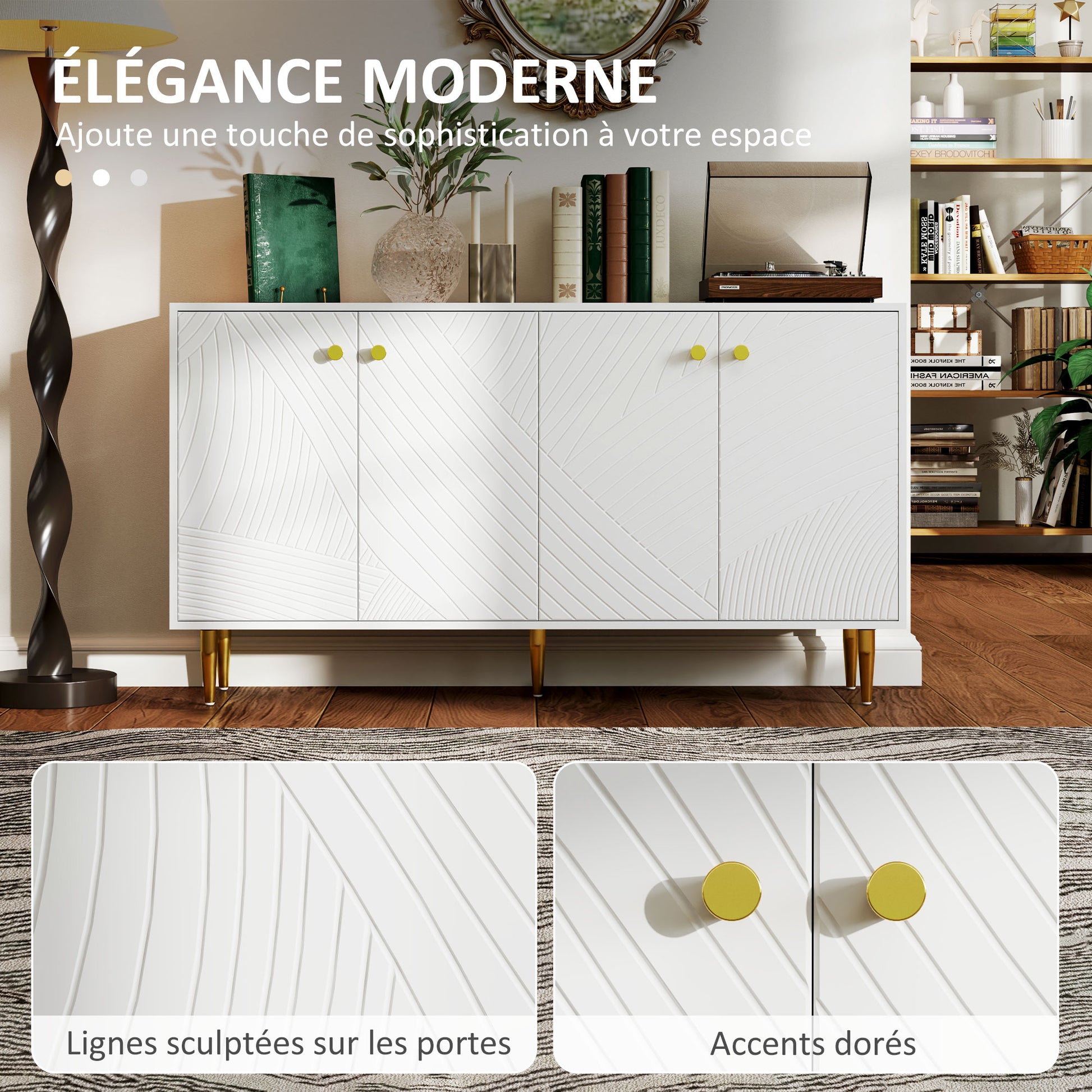 White Buffet Cabinet with Adjustable Shelves, Sculpted Doors, Modern Buffet for Living Room, Kitchen, Dining Room, 140 x 35 x 77.5 cm