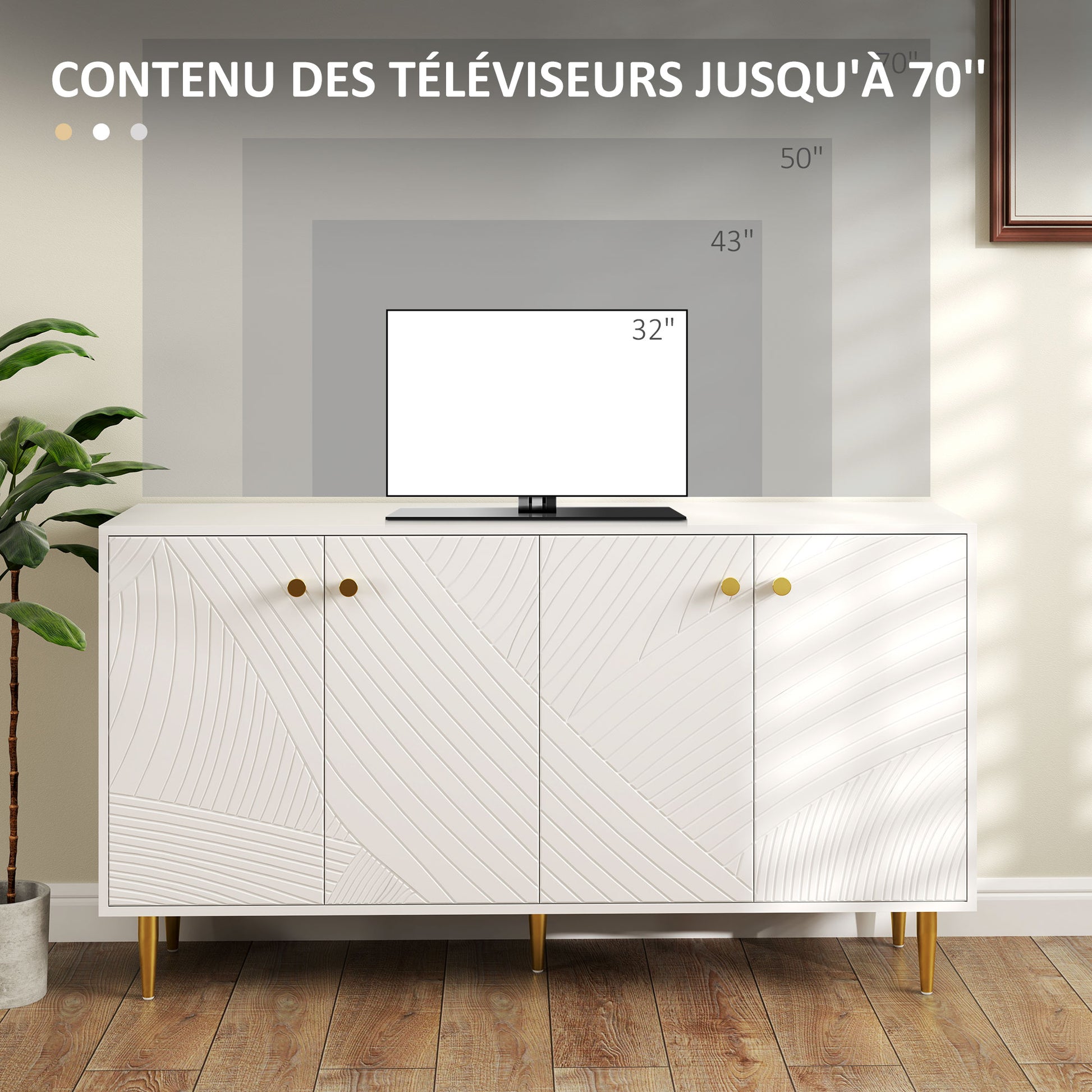 White Buffet Cabinet with Adjustable Shelves, Sculpted Doors, Modern Buffet for Living Room, Kitchen, Dining Room, 140 x 35 x 77.5 cm