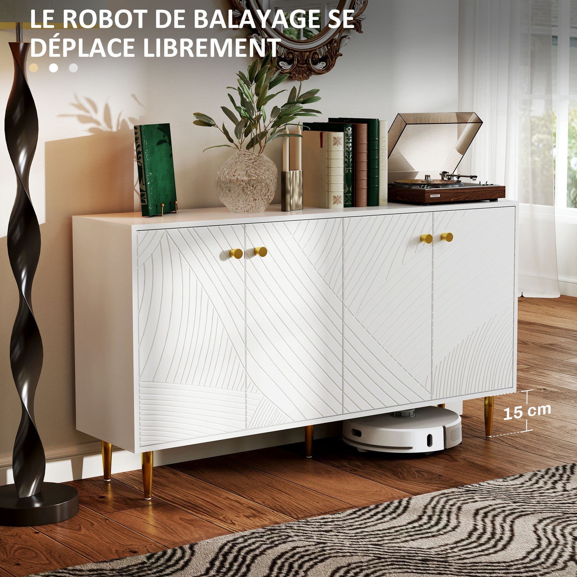 White Buffet Cabinet with Adjustable Shelves, Sculpted Doors, Modern Buffet for Living Room, Kitchen, Dining Room, 140 x 35 x 77.5 cm