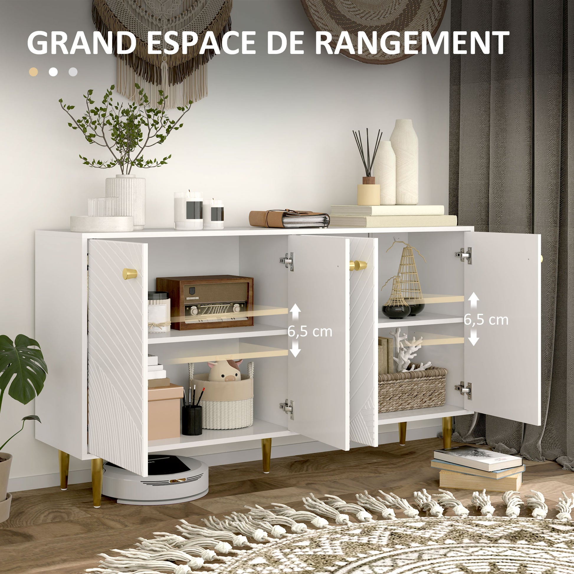 White Buffet Cabinet with Adjustable Shelves, Sculpted Doors, Modern Buffet for Living Room, Kitchen, Dining Room, 140 x 35 x 77.5 cm
