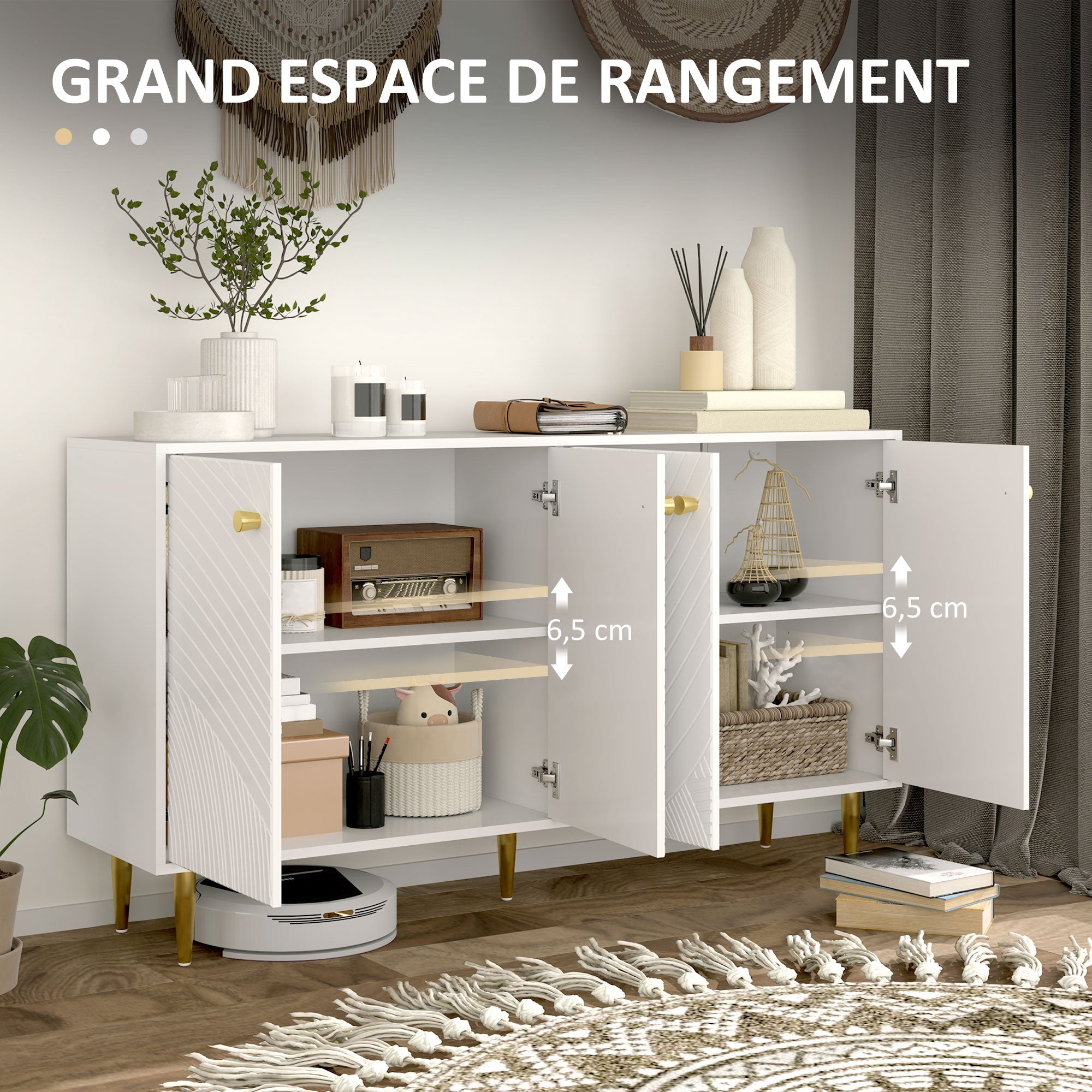 White Buffet Cabinet with Adjustable Shelves, Sculpted Doors, Modern Buffet for Living Room, Kitchen, Dining Room, 140 x 35 x 77.5 cm