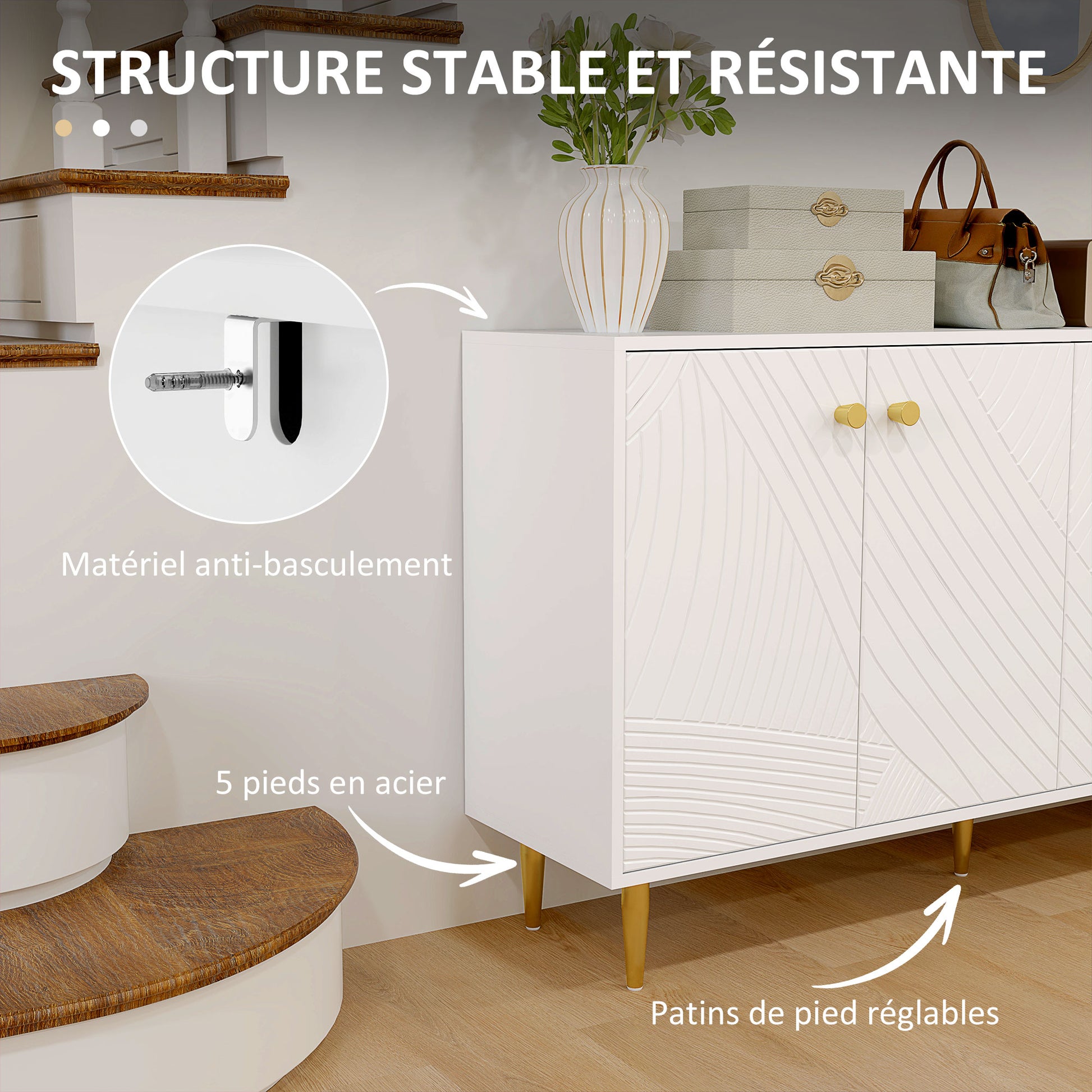 White Buffet Cabinet with Adjustable Shelves, Sculpted Doors, Modern Buffet for Living Room, Kitchen, Dining Room, 140 x 35 x 77.5 cm