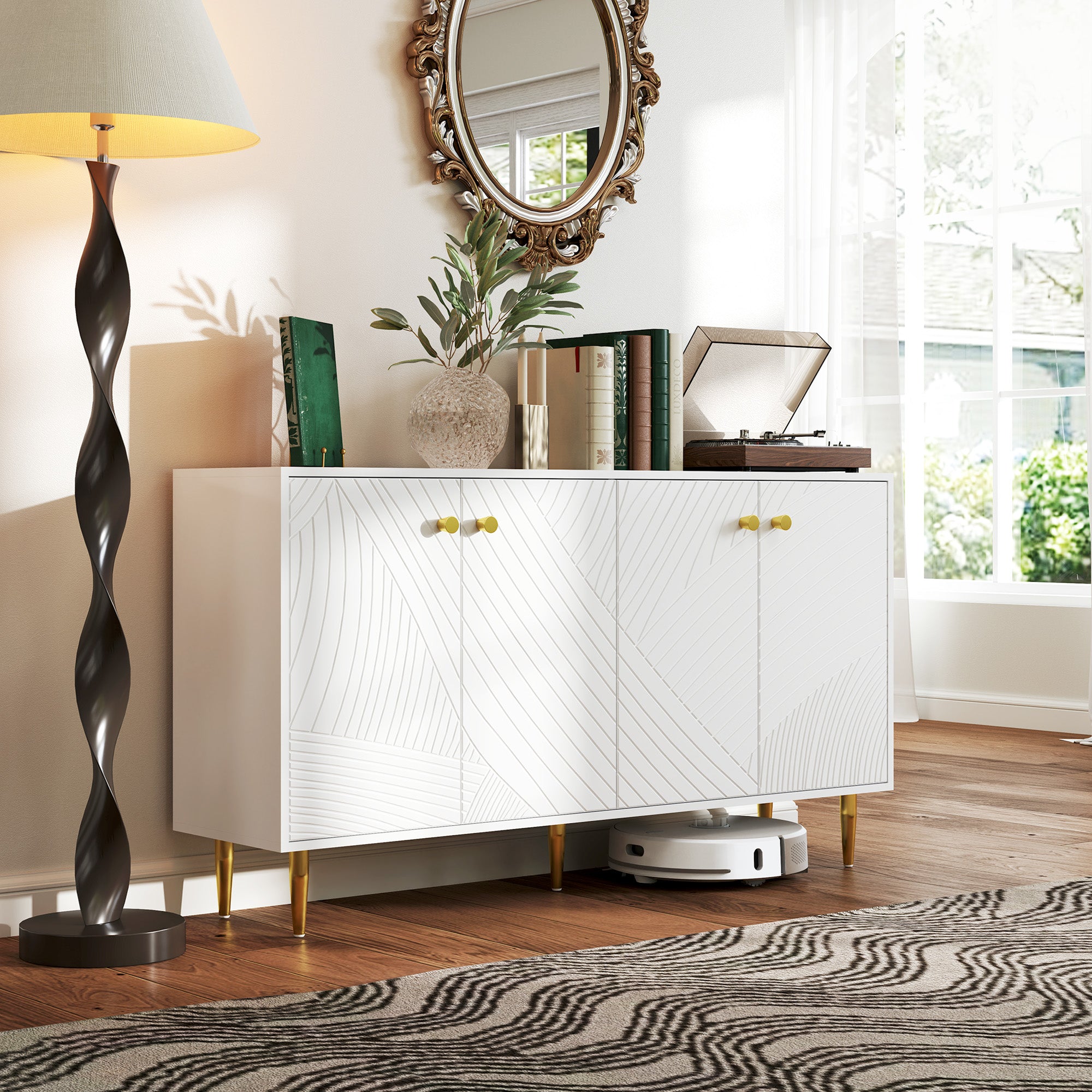 White Buffet Cabinet with Adjustable Shelves, Sculpted Doors, Modern Buffet for Living Room, Kitchen, Dining Room, 140 x 35 x 77.5 cm