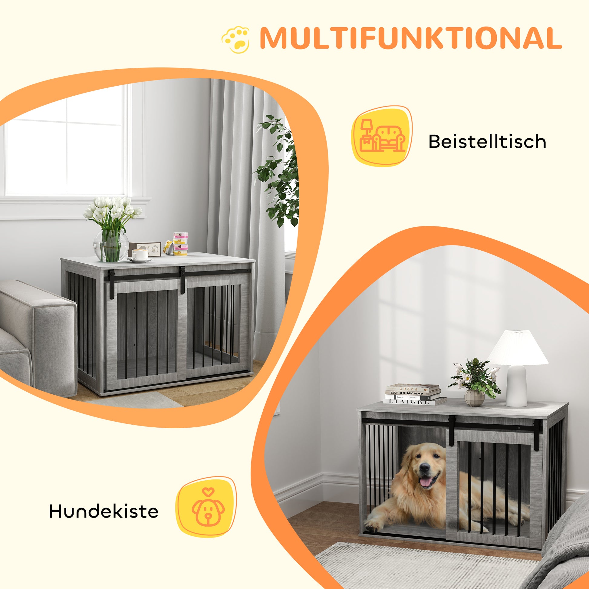 Dog Crate for Home, Lockable Dog House with Entrance, Dog Crate with Sliding Door, Dog House for Large Dogs Under 30 kg, Gray, 98 x 58 x 61 cm
