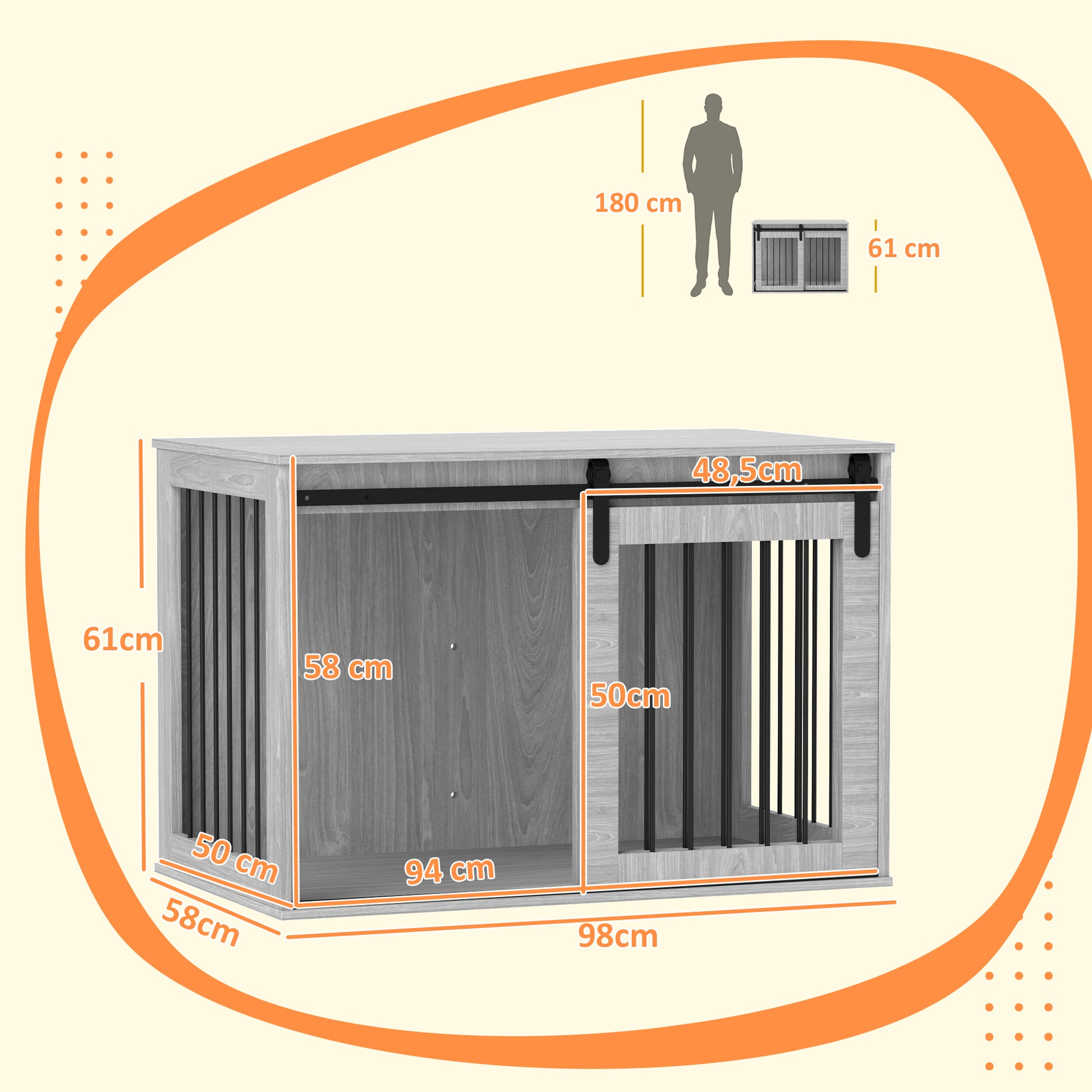 Dog Crate for Home, Lockable Dog House with Entrance, Dog Crate with Sliding Door, Dog House for Large Dogs Under 30 kg, Gray, 98 x 58 x 61 cm