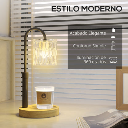 Bedside Lamp Candle Warmer with Wooden Base Glass Shade and Rod Table Lamp for Bedroom Living Room Ø15x32.5 cm Multicolor