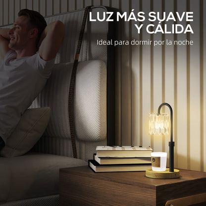 Bedside Lamp Candle Warmer with Wooden Base Glass Shade and Rod Table Lamp for Bedroom Living Room Ø15x32.5 cm Multicolor