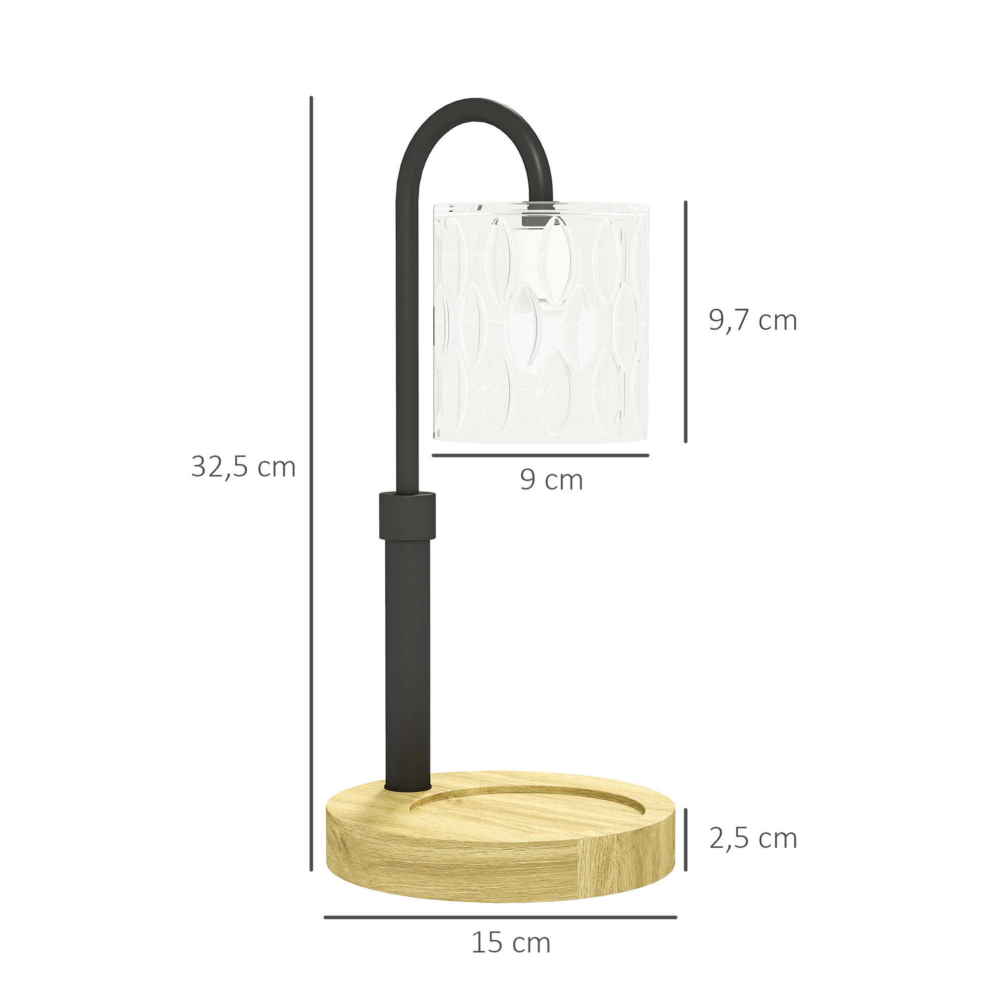 Bedside Lamp Candle Warmer with Wooden Base Glass Shade and Rod Table Lamp for Bedroom Living Room Ø15x32.5 cm Multicolor
