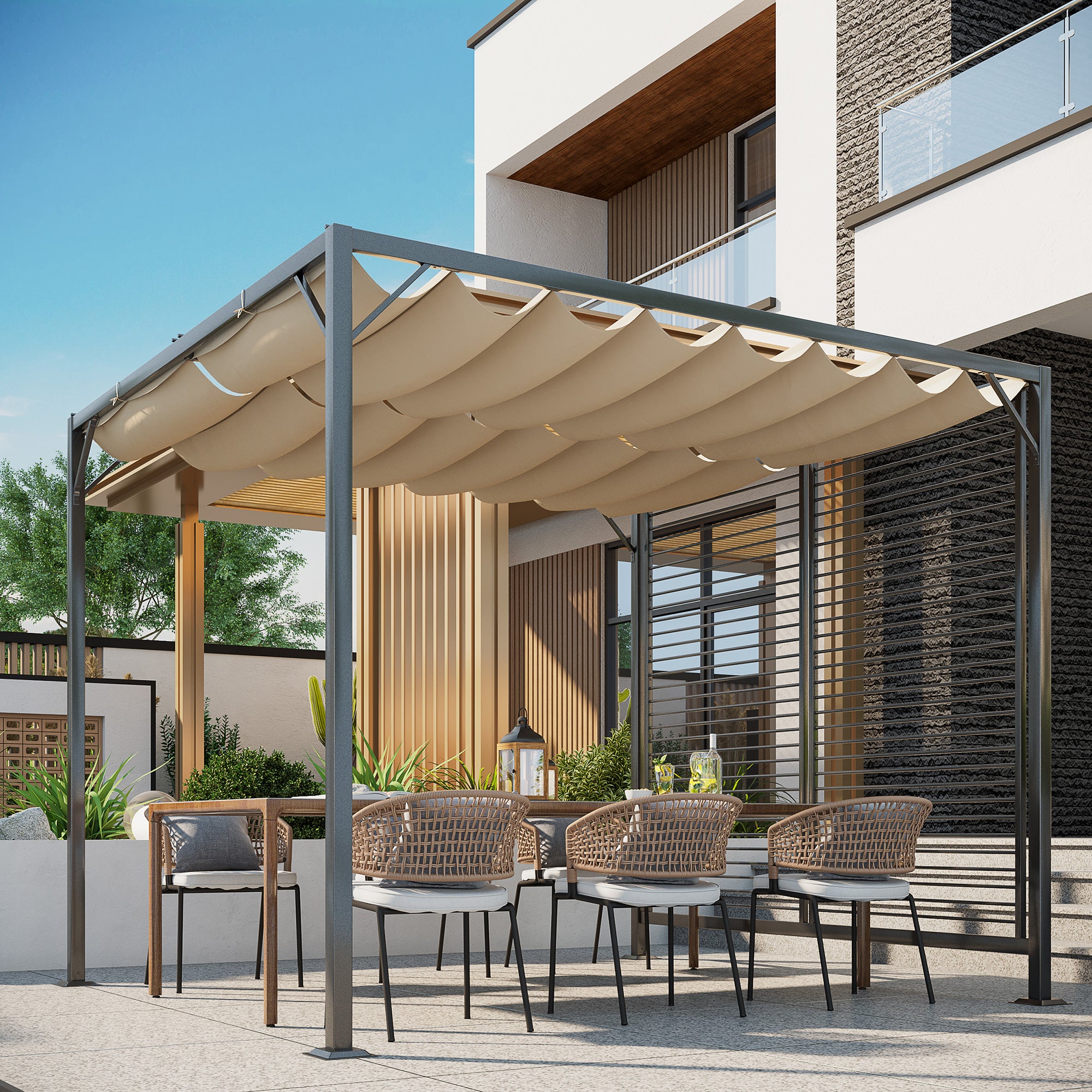 Pavilion, Pergola with Adjustable Fabric Roof, Party Tent, Canopy, Polyester, Beige, 300 x 280 x 238 cm