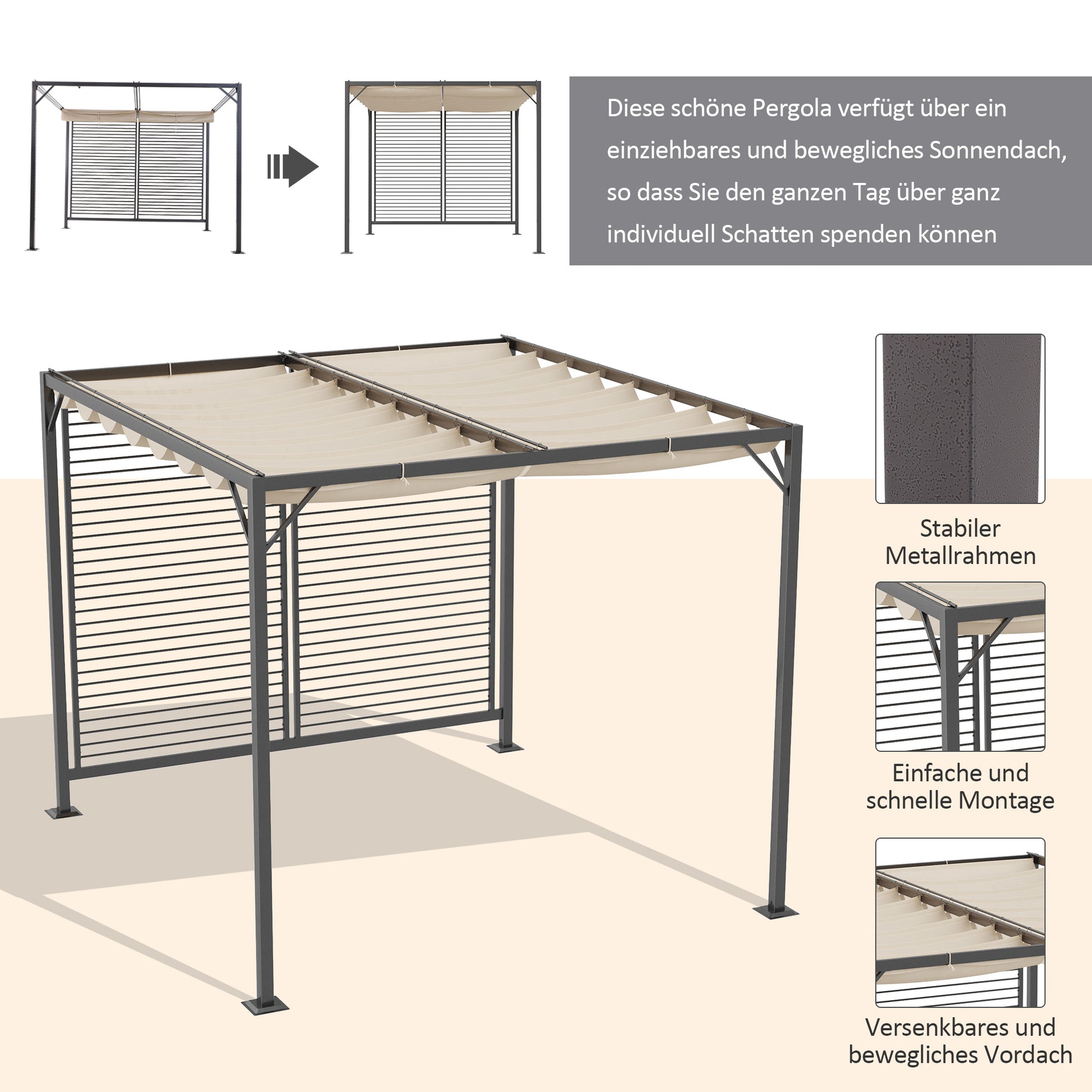 Pavilion, Pergola with Adjustable Fabric Roof, Party Tent, Canopy, Polyester, Beige, 300 x 280 x 238 cm