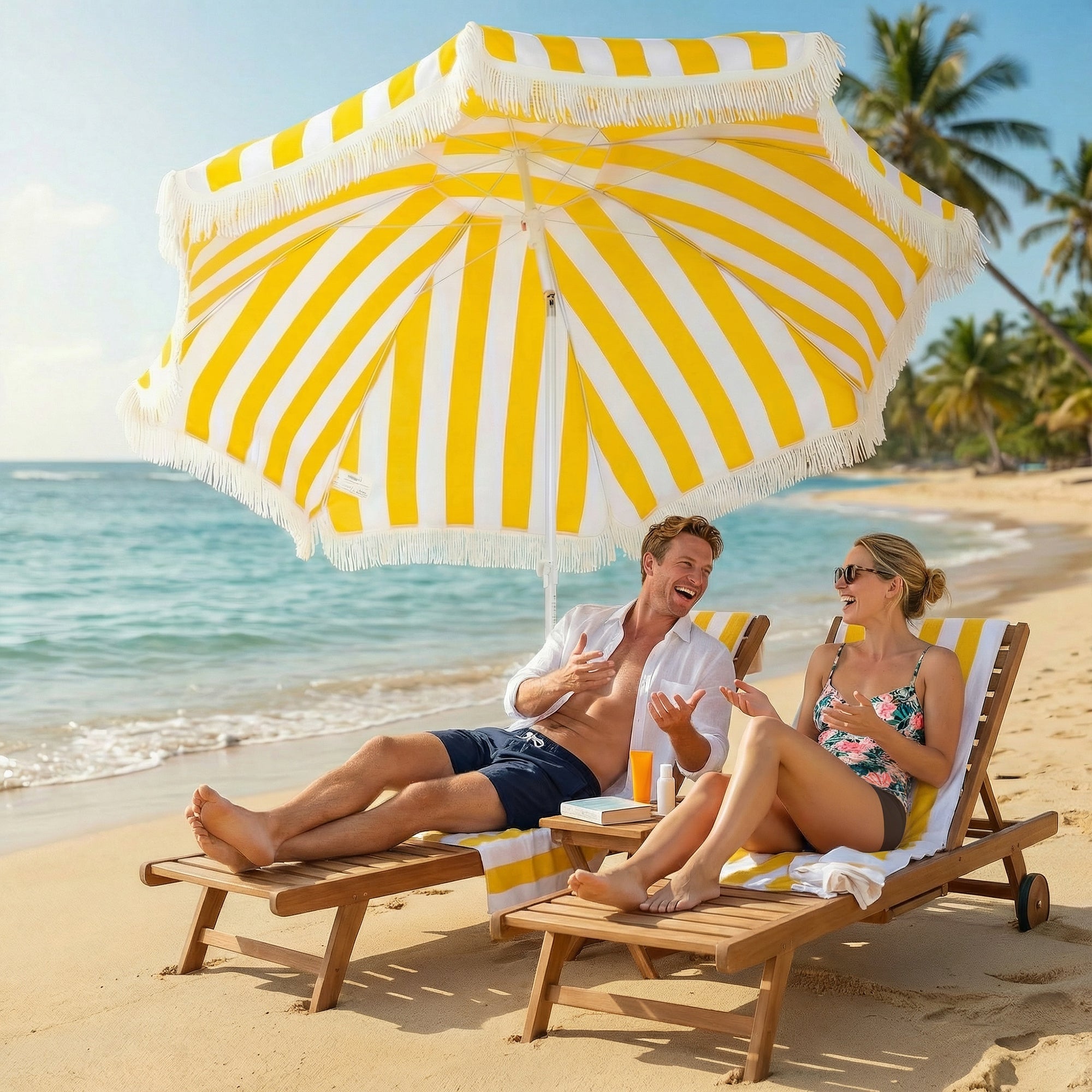Boho Fringe Beach Umbrella, 71" Canopy, Adjustable Height & 30° Tilt, Sand Anchor and Carry Bag — Yellow & White