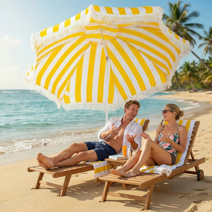 Boho Fringe Beach Umbrella, 71" Canopy, Adjustable Height & 30° Tilt, Sand Anchor and Carry Bag — Yellow & White