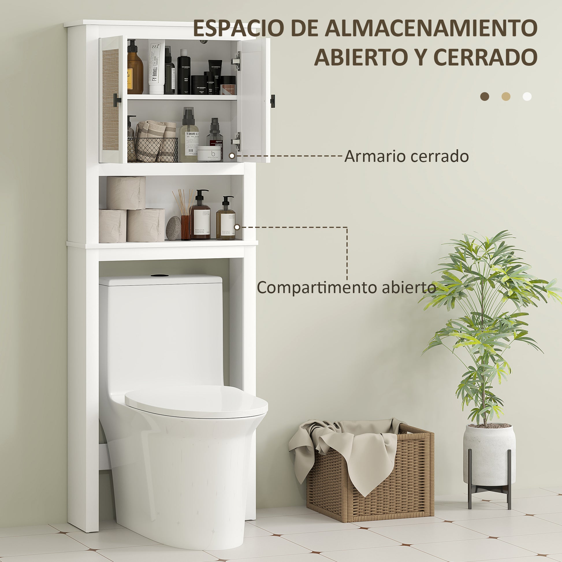 Narrow Over-The-Toilet Cabinet Over The Toilet Storage Cabinet with 2 Rattan Front Doors Open Compartment and Adjustable Shelf Bathroom Cabinet 60x19.5x160 cm White