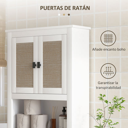 Narrow Over-The-Toilet Cabinet Over The Toilet Storage Cabinet with 2 Rattan Front Doors Open Compartment and Adjustable Shelf Bathroom Cabinet 60x19.5x160 cm White