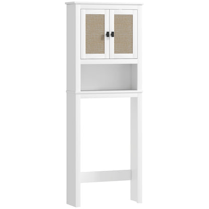 Narrow Over-The-Toilet Cabinet Over The Toilet Storage Cabinet with 2 Rattan Front Doors Open Compartment and Adjustable Shelf Bathroom Cabinet 60x19.5x160 cm White
