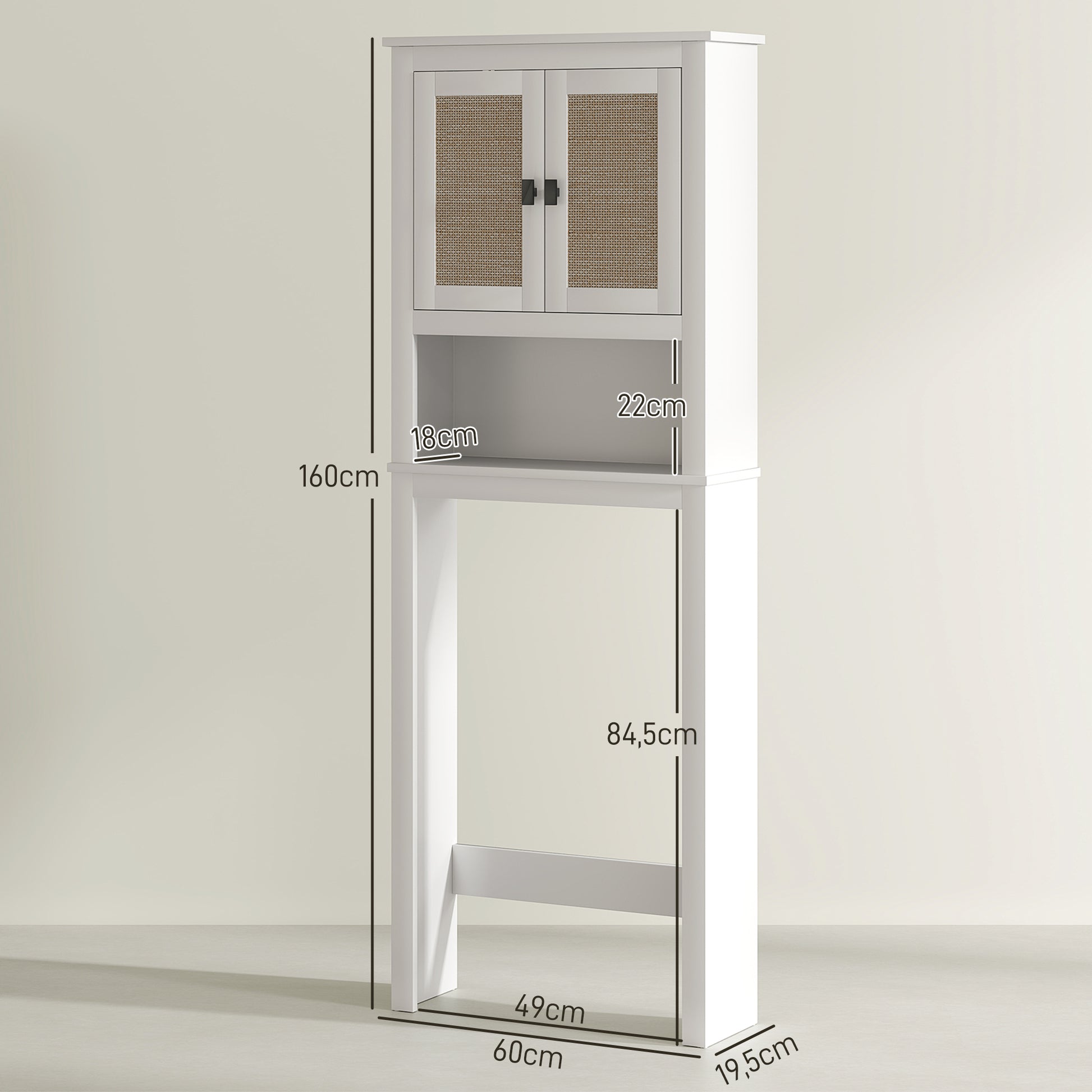 Narrow Over-The-Toilet Cabinet Over The Toilet Storage Cabinet with 2 Rattan Front Doors Open Compartment and Adjustable Shelf Bathroom Cabinet 60x19.5x160 cm White