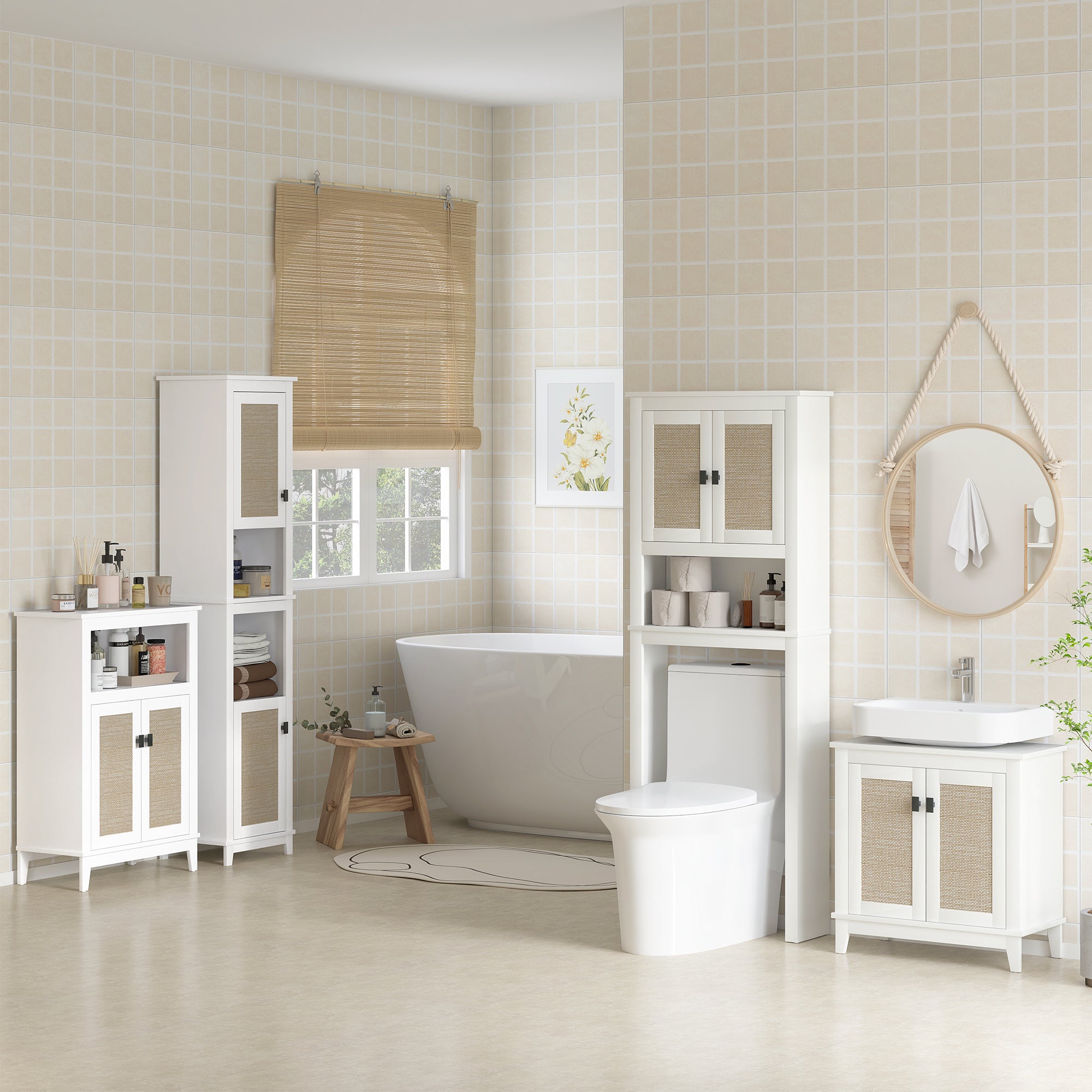 Narrow Over-The-Toilet Cabinet Over The Toilet Storage Cabinet with 2 Rattan Front Doors Open Compartment and Adjustable Shelf Bathroom Cabinet 60x19.5x160 cm White