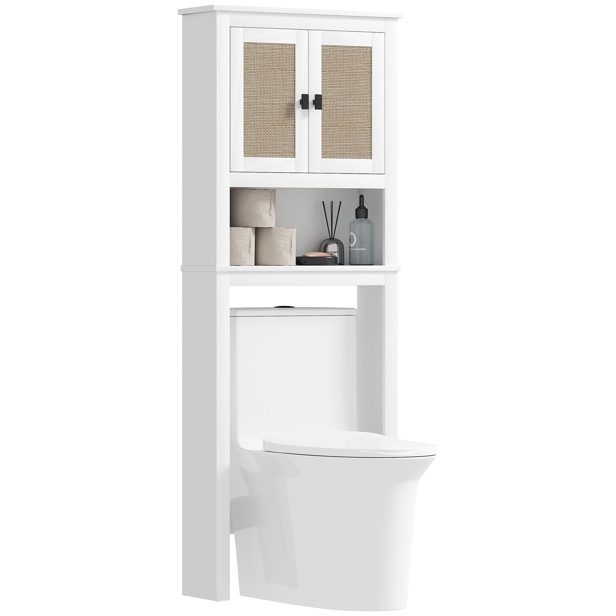 Narrow Over-The-Toilet Cabinet Over The Toilet Storage Cabinet with 2 Rattan Front Doors Open Compartment and Adjustable Shelf Bathroom Cabinet 60x19.5x160 cm White