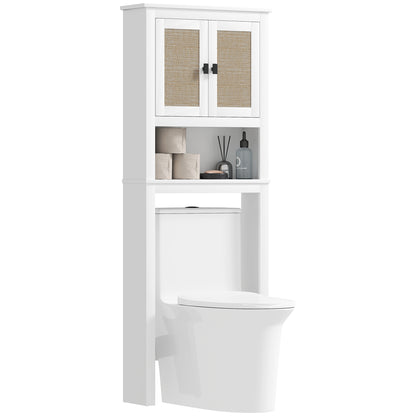 Narrow Over-The-Toilet Cabinet Over The Toilet Storage Cabinet with 2 Rattan Front Doors Open Compartment and Adjustable Shelf Bathroom Cabinet 60x19.5x160 cm White