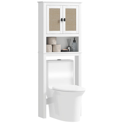 Narrow Over-The-Toilet Cabinet Over The Toilet Storage Cabinet with 2 Rattan Front Doors Open Compartment and Adjustable Shelf Bathroom Cabinet 60x19.5x160 cm White
